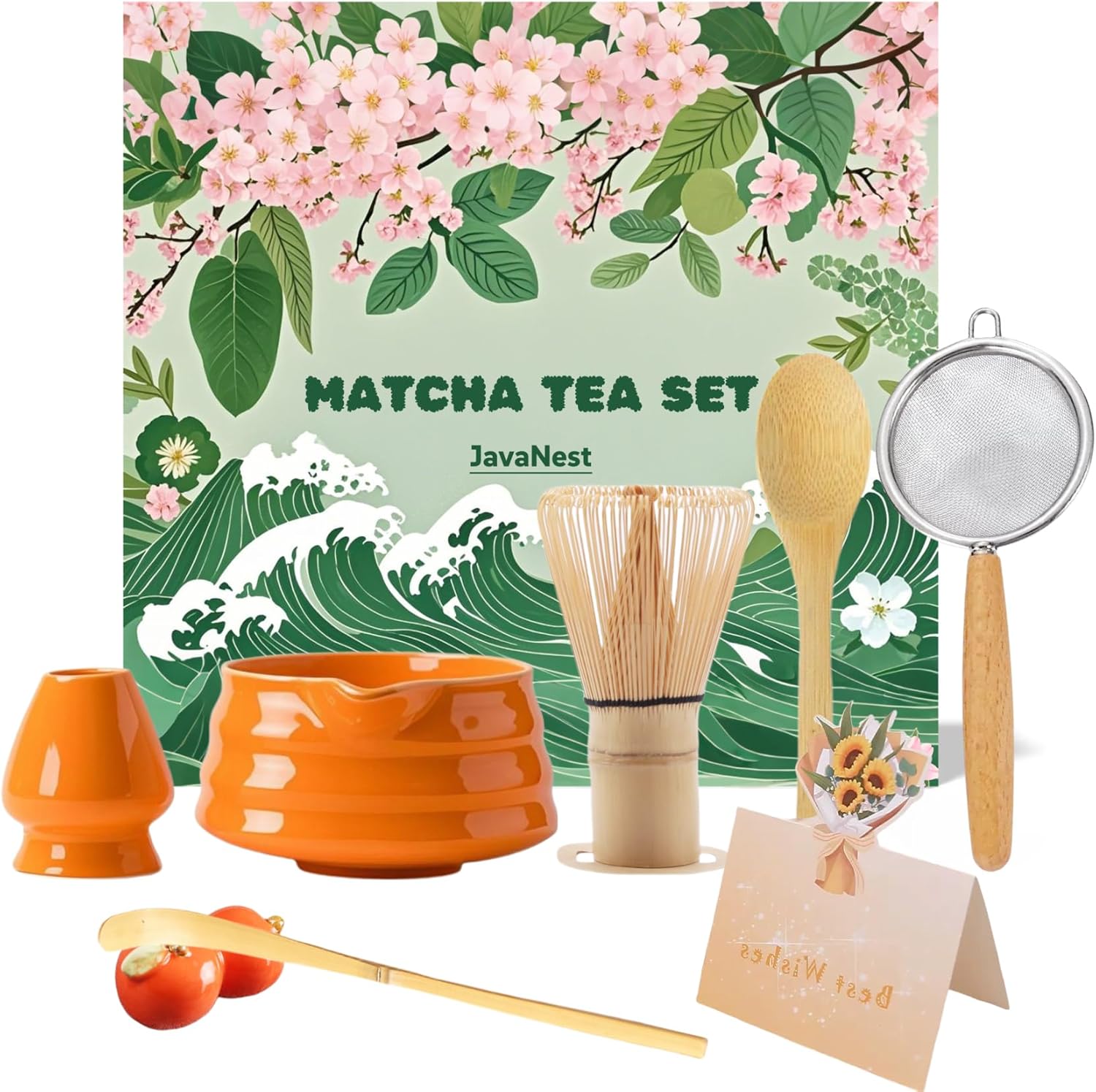 7-Piece Matcha Tea Set with Gift Card – 120-Prong Bamboo Whisk, Ceramic Bowl with Spout, Whisk Holder, Scoop, Spoon, Strainer & Scoop Holder – Ideal Gift for Matcha Lovers (Pinkish Purple)