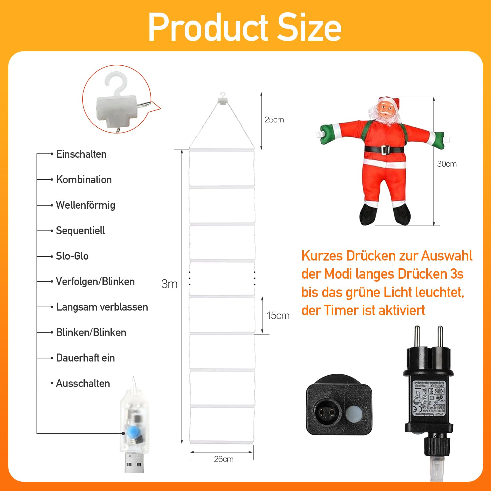 3M LED Weihnachts Leiter Lichterkette con 338 LED, mit Weihnachtsmann, Warmweiß Weihnachtsbeleuchtung mit 8 Modi, Timer und Memory, Wasserdicht Weihnachtsdeko für Innen Außen Weihnachtsbaum Fenster