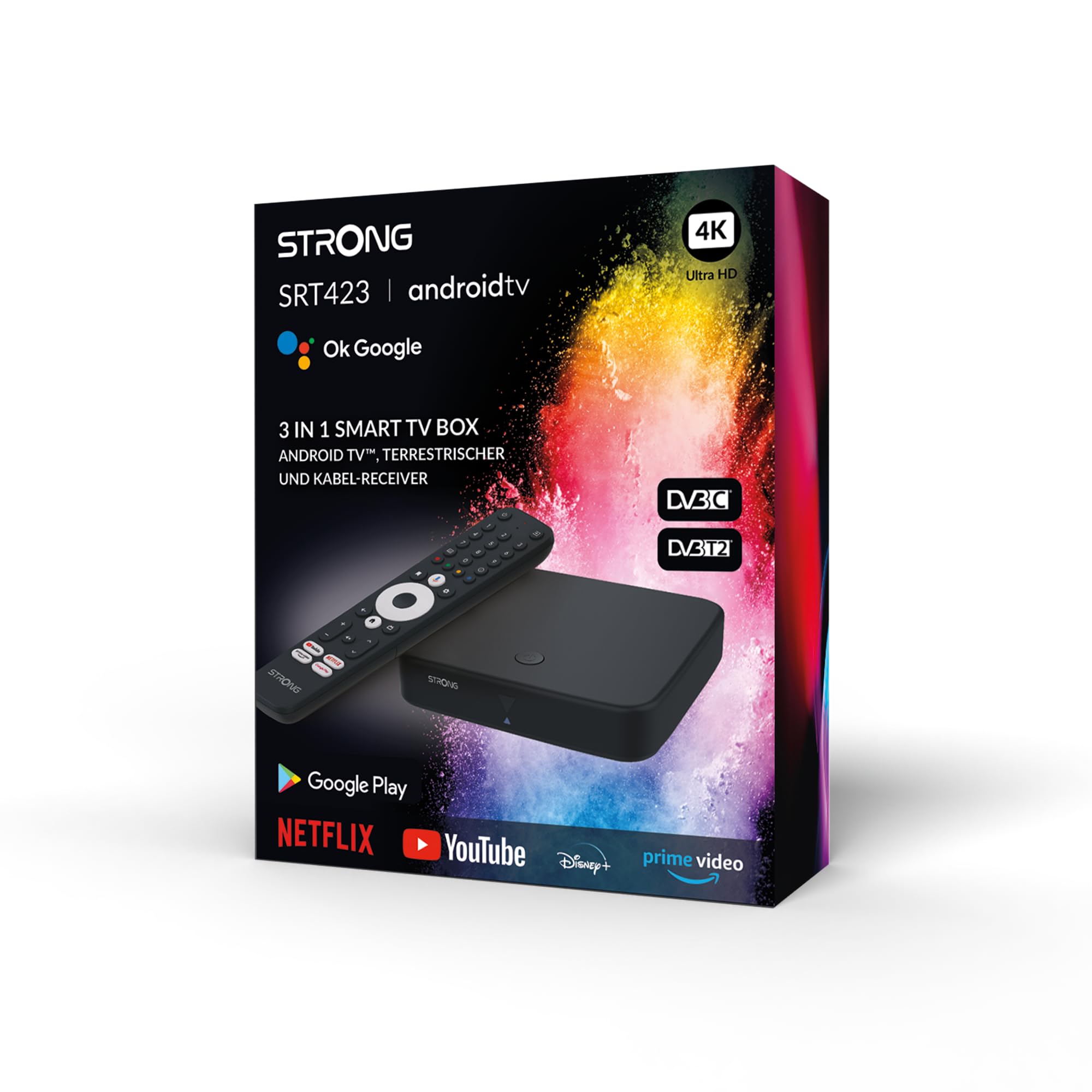 STRONG - Streaming Box Android TV 4K UHD - SRT 423 - Chromecast integrato - DVB-T2 e ricevitore via cavo - Controllo vocale - Dolby Vision Atmos - Google Play, Netflix, Prime Video, Disney+ - Nero