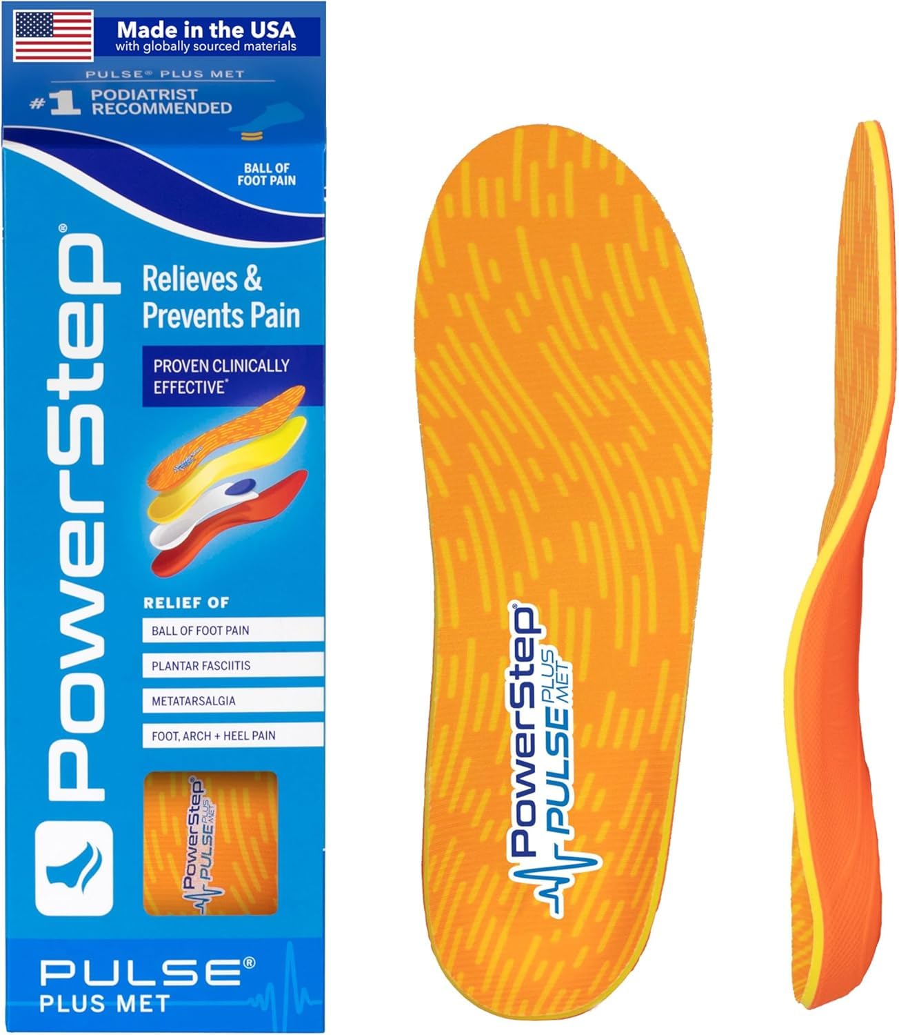 PowerStep Pulse Plus Met Ball of Foot Pain Relief Shoe Insoles - Running Shoe Orthotics for Metatarsal Foot Pain, and Morton's Neuroma Relief - Made