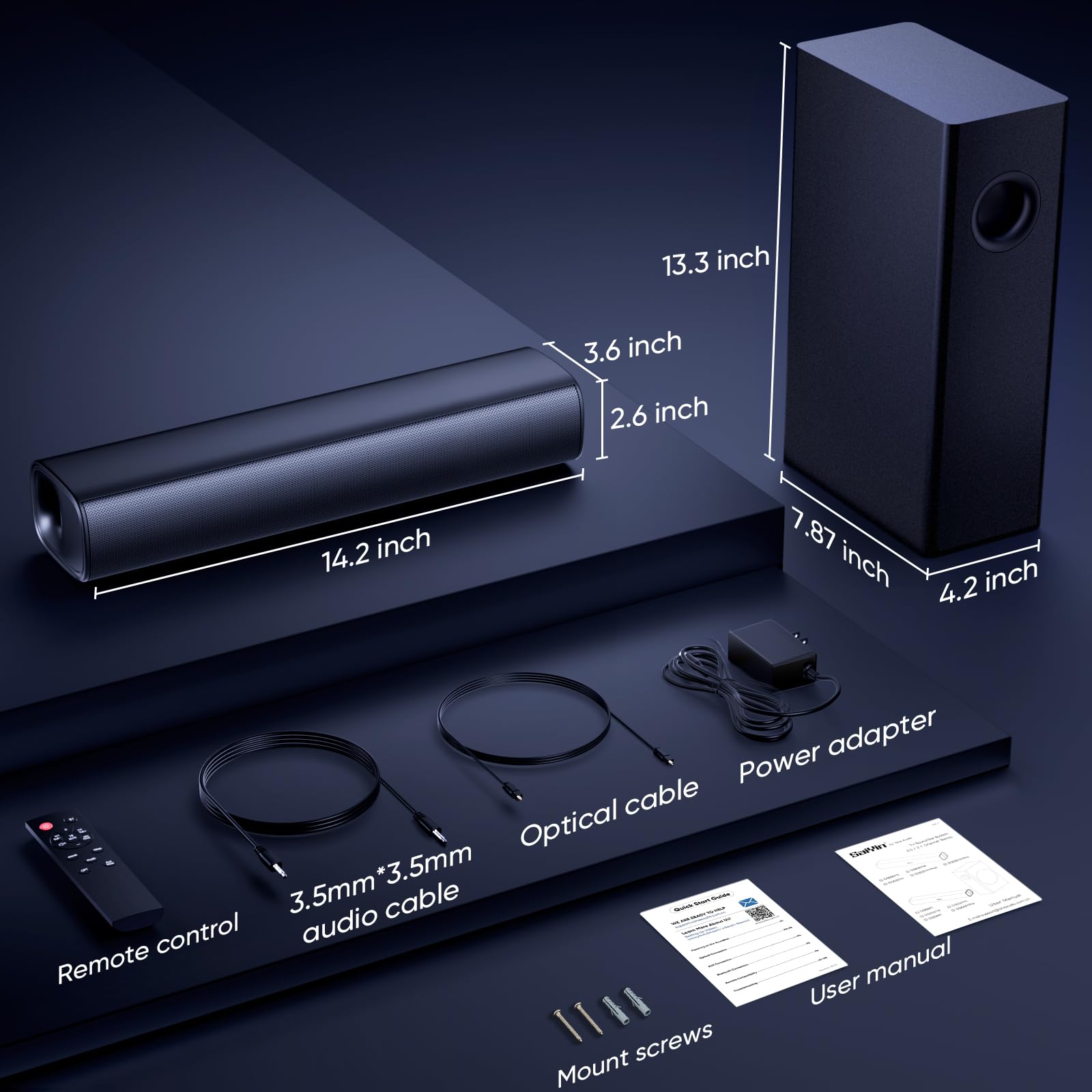 Saiyin Soundbar con subwoofer da 4", subwoofer con bordi arrotondati da 70 W e soundbar compatta per TV, sistema audio surround 2.1 migliorato per TV, connessione Bluetooth/ottica/AUX per TV/PC