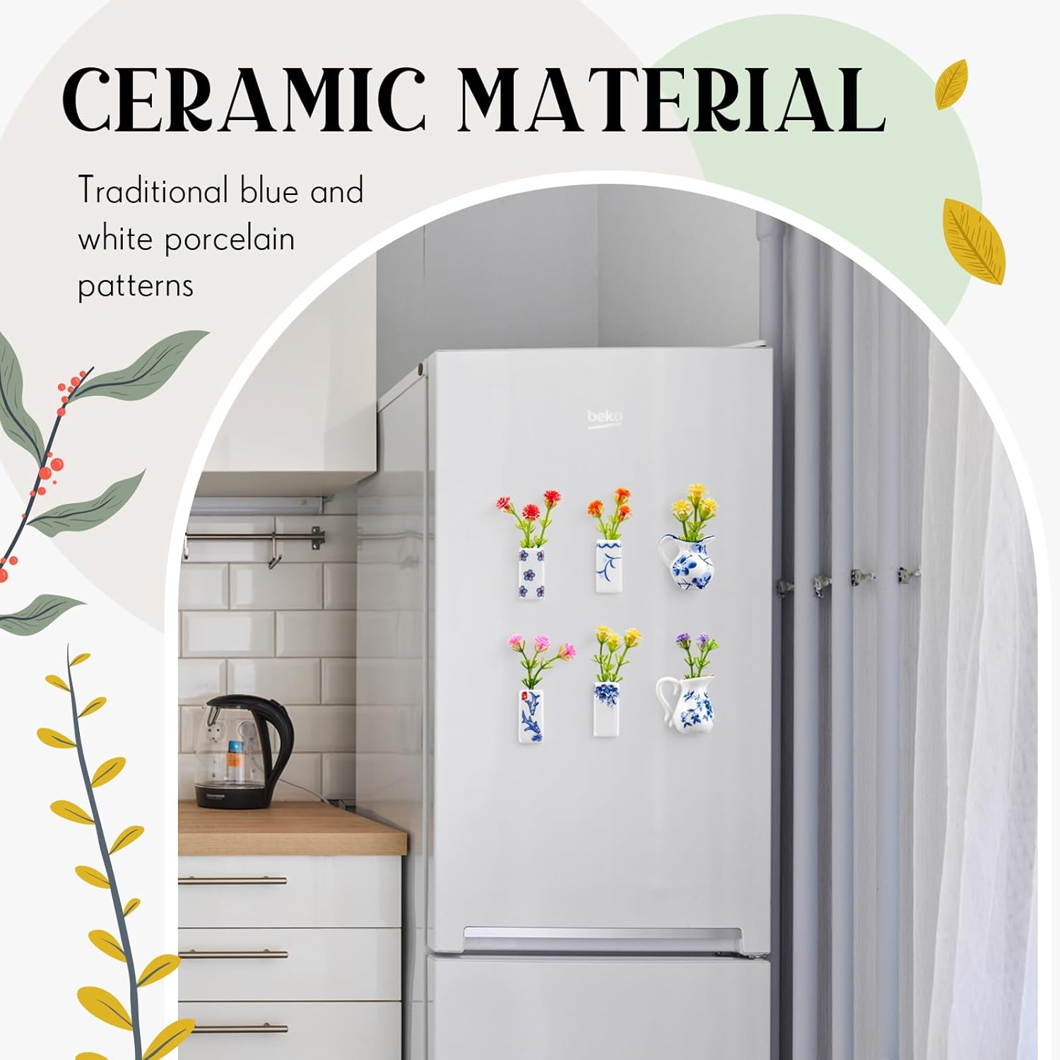 ミニブルーとホワイトの磁器セラミック花瓶マグネット6個 冷蔵庫と花、かわいい磁気植木鉢花瓶冷蔵庫用、面白い3Dクリエイティブアクセサ