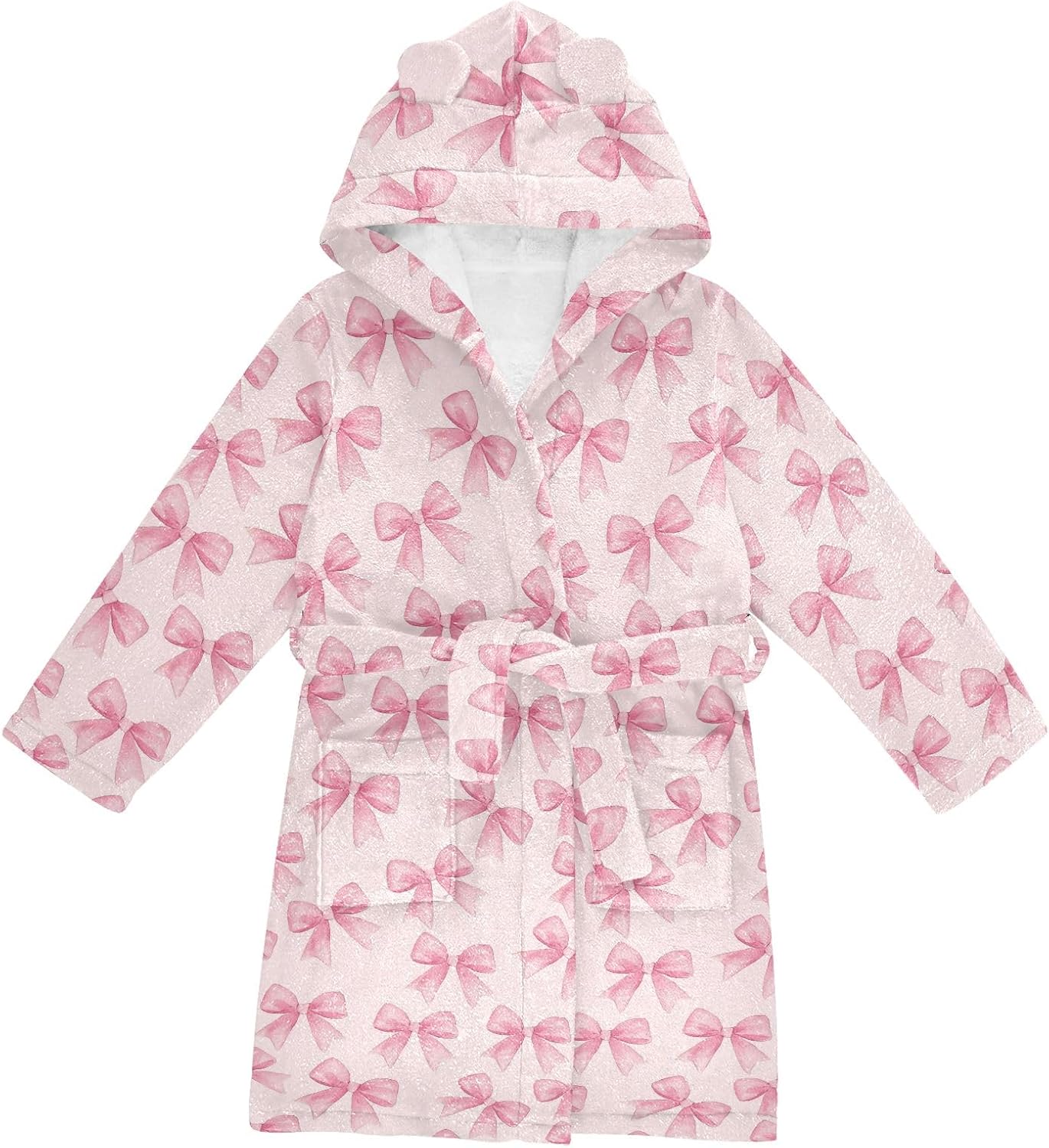 Watercolor Pink Bows Toddler Hooded Bathrobe for Boys Girls Soft Plush Bath Towel Robe 2-12 Years