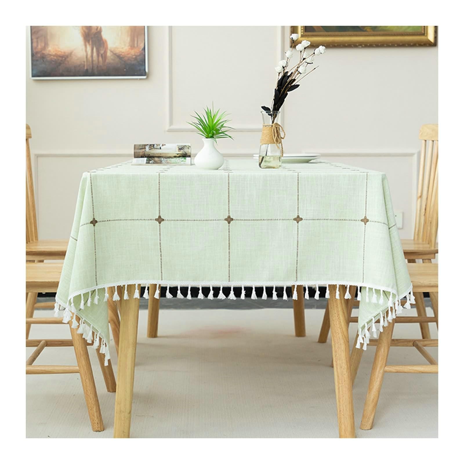 Gualiy Mantel Rectangular Salon, Algodón Manteles Mesa 140x260CM Manteles de Mesa Antimanchas Plaid con Borlas Mantel para Mesas de Sala, Verde
