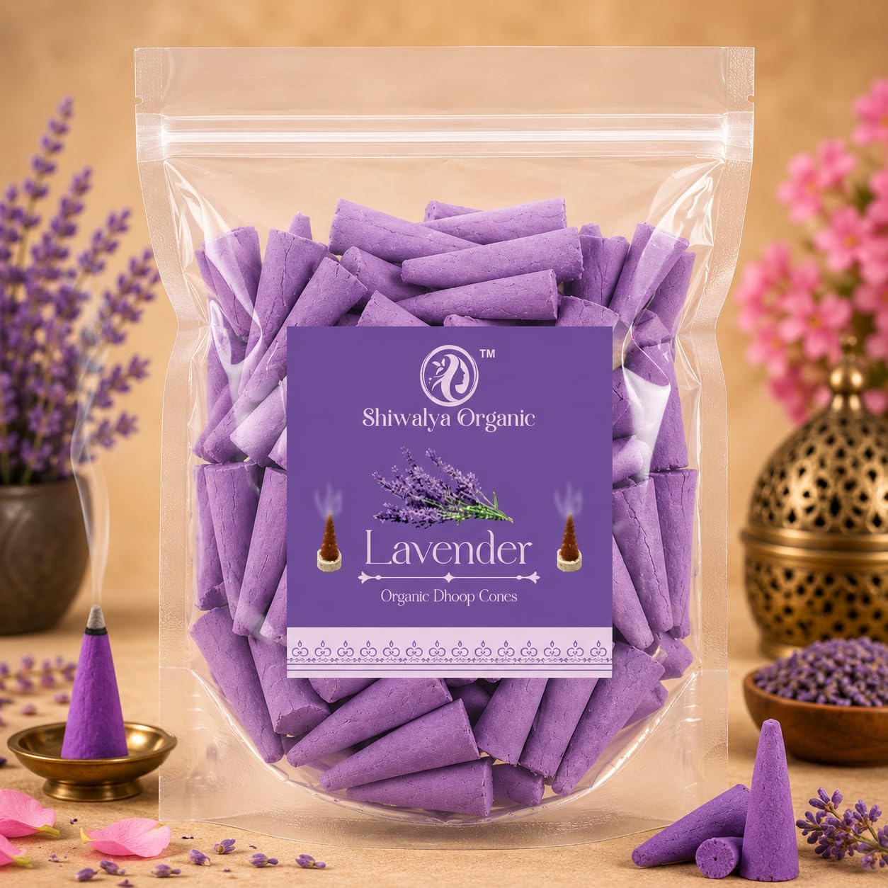 Dhoop Cones 100g | Cow Dung Based Charcoal Free Incense Cones for Pooja, Havan, Meditation & Home Fragrance | Long Lasting Aroma (Lavender)-image-1