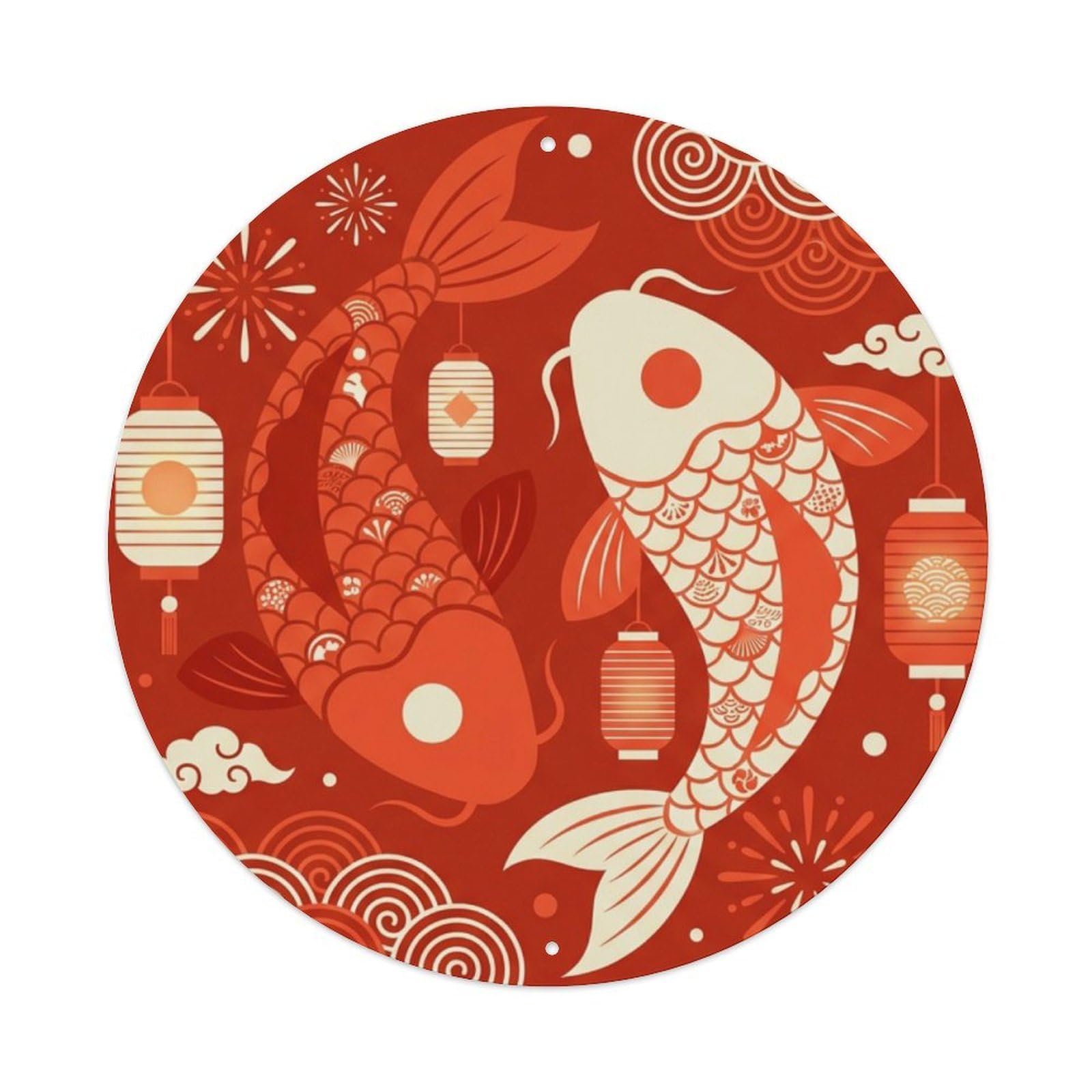 Japanese Koi Symbol Ivory Taoist Classic Metal Tin Sign Plaque Wall Decor for Cafe, Man Cave, Club Bar, Office, Home Garden Round Metal Poster 8x8Inch