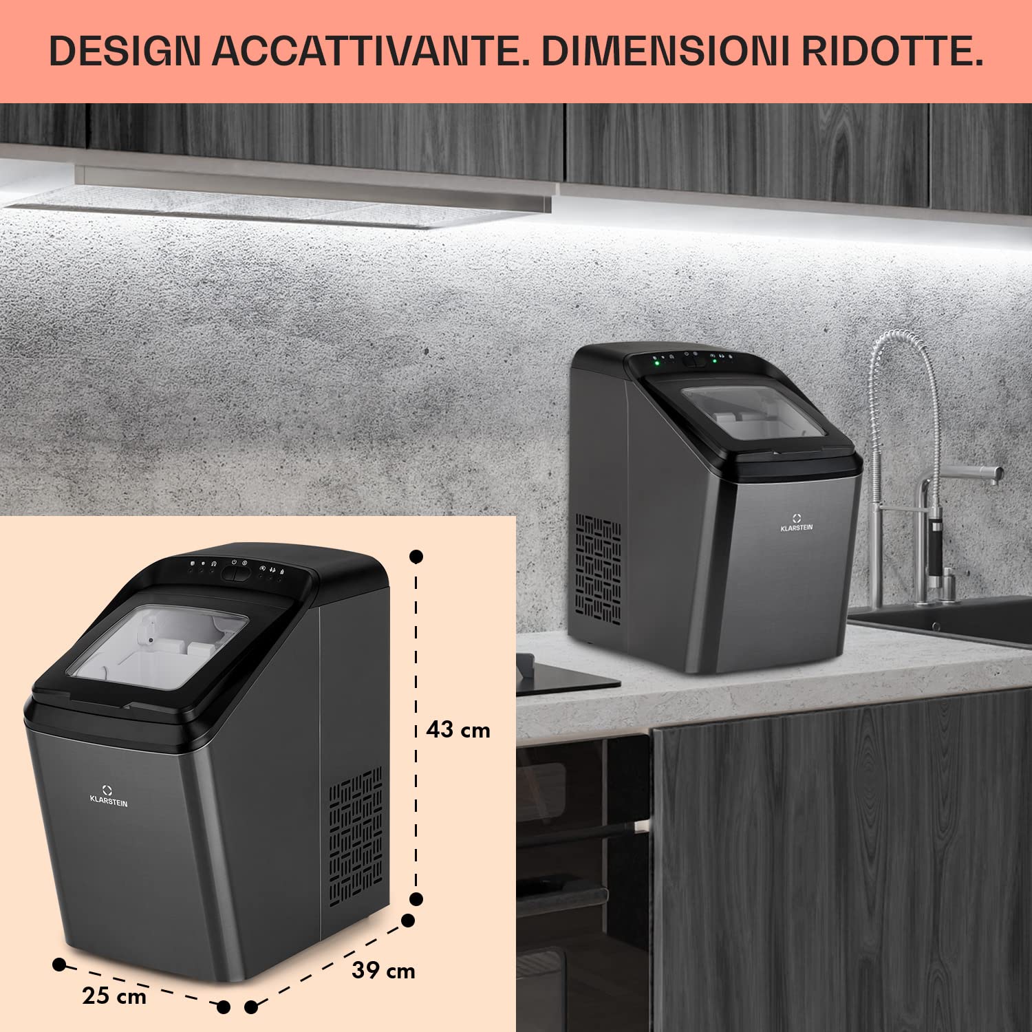 Klarstein 2.9L, Partytime Macchina del Ghiaccio Professionale, Fabbricatore Ghiaccio Secco Alimentare 15kg, Cubetti di Grandi Piccole Dimensioni, da Casa Autopulente Cocktail