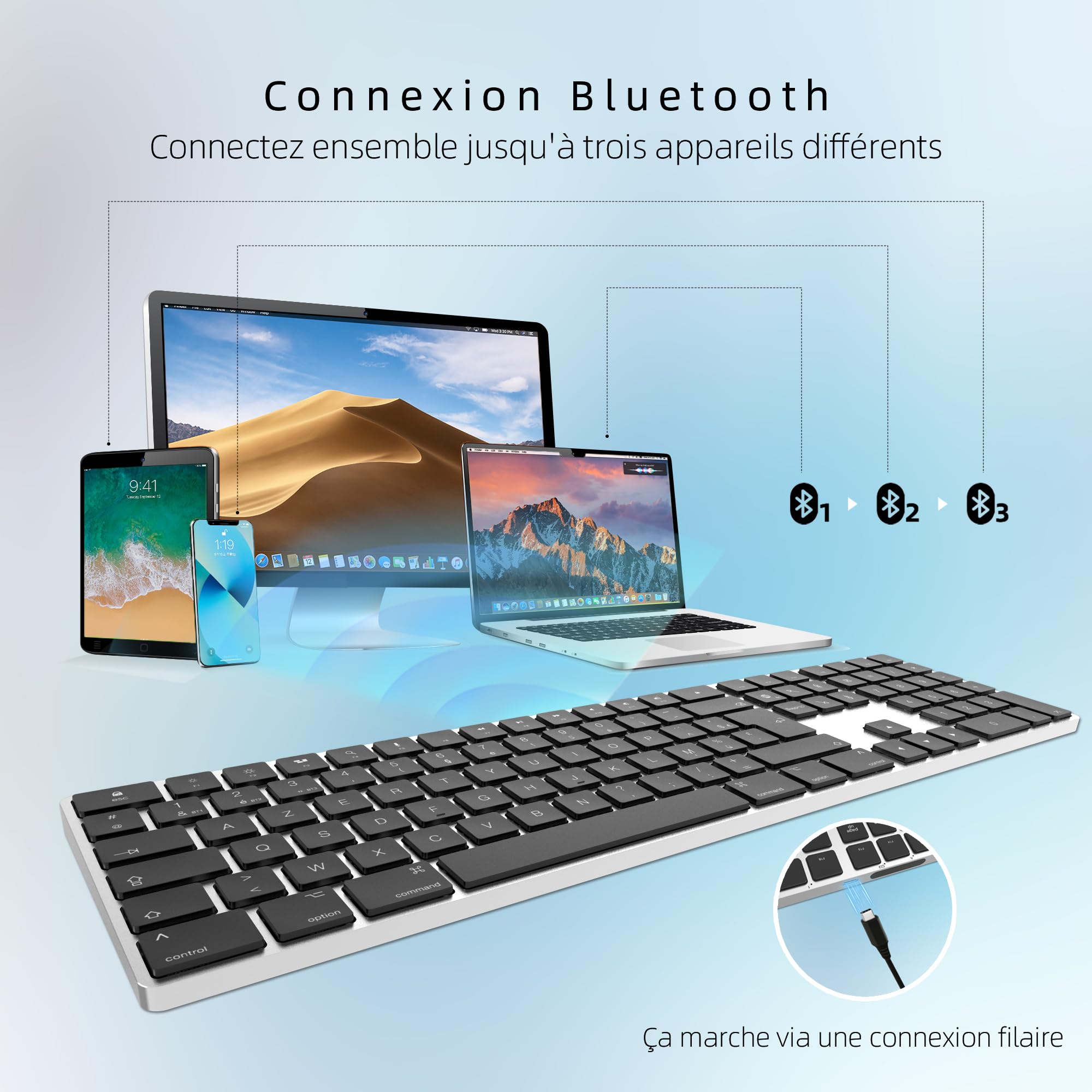Clavier Bluetooth Aans Fil Rechargeable, en Aluminium pour Mac, Clavier Silencieux avec Touches Ultra-discrètes, Compatible avec Apple iMac, MacBook, Mac et iPad, Layout AZERTY, Argent Et Noir