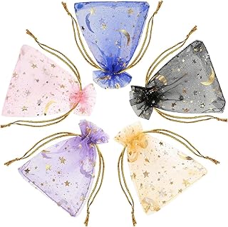 MOYWYCNO 50PCS Organza Gift Bags, 7x9cm Moon Stars Organza Bags with Drawstring, Party Gift Bag for Jewelry, Easter Birthdays Bridal Shower Special Occasions Decorative Mesh Pouches