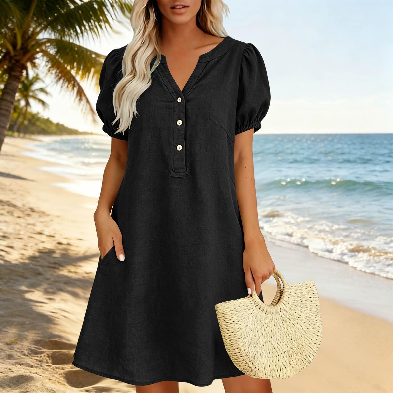 Robe midi Ample Femme col en V Demi-boutonnée Manches Bouffantes Courtes avec Poche latérale Style décontracté Chic pour Les Vacances