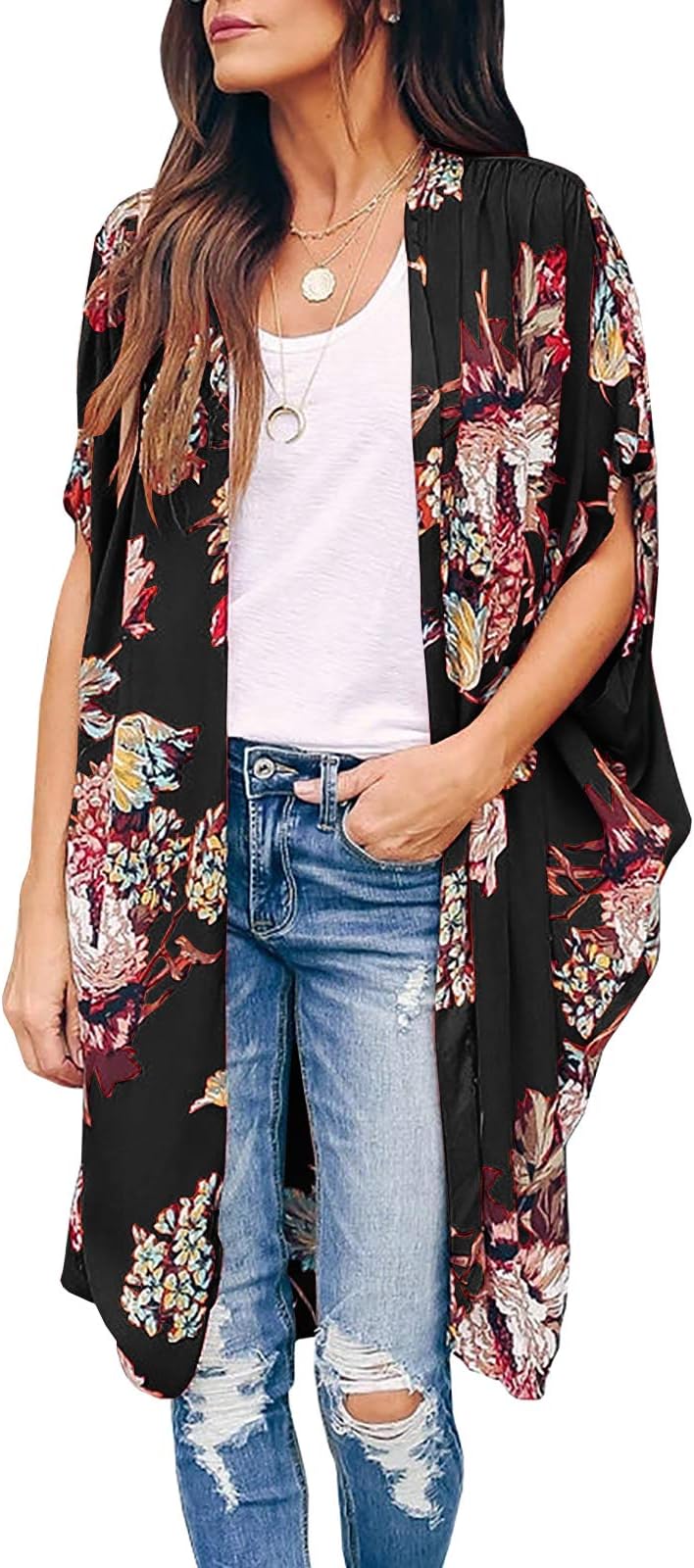 IvayWomens Floral Kimono Duster Cardigans Short Sleeve Draped Oversized Beach Cover Up Cape