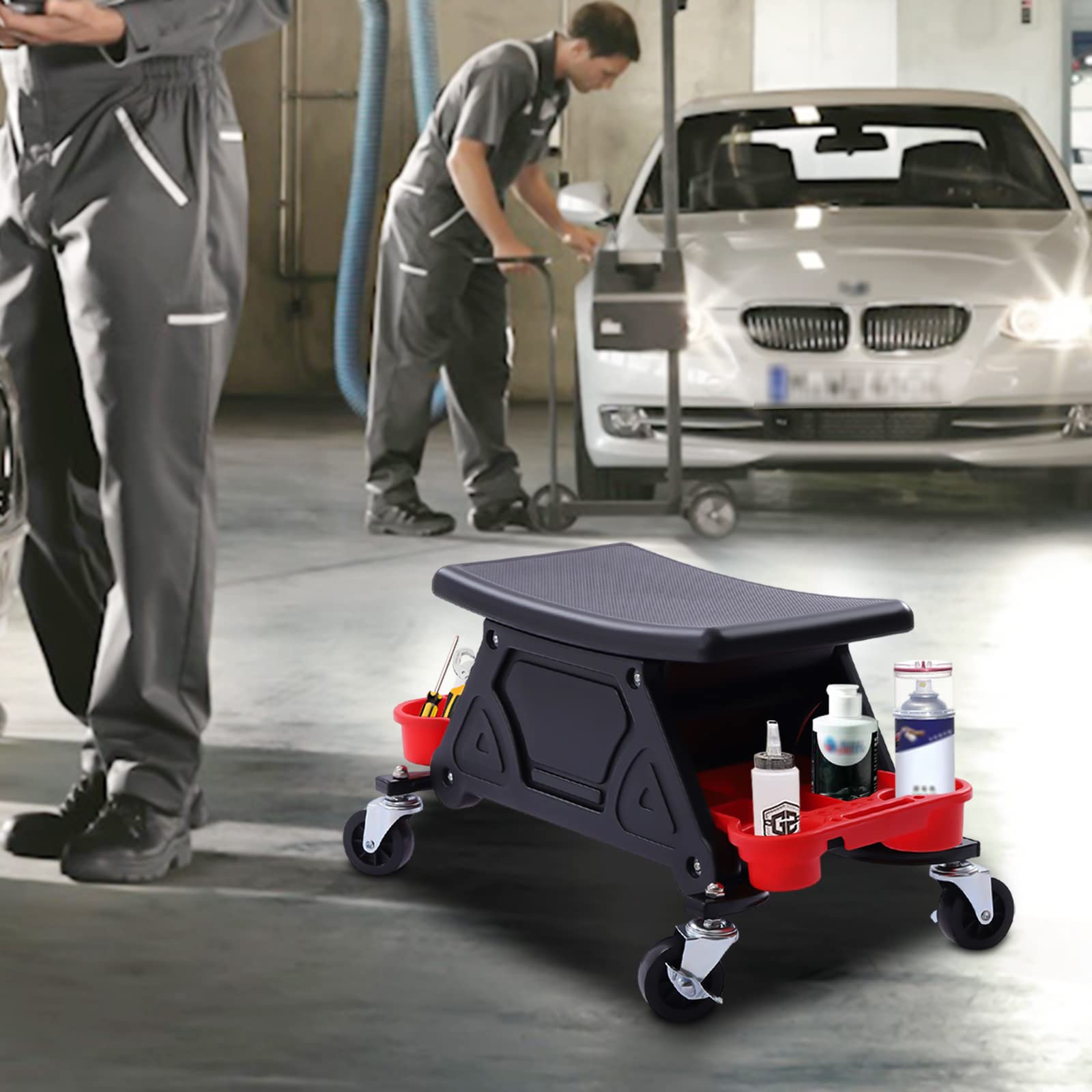 Taburete de taller, ruedas giratorias, silla con ruedas, taburete de construcción con estanterías, para trabajos de bricolaje, reparaciones mecánicas, reparaciones de automóviles, detalles de