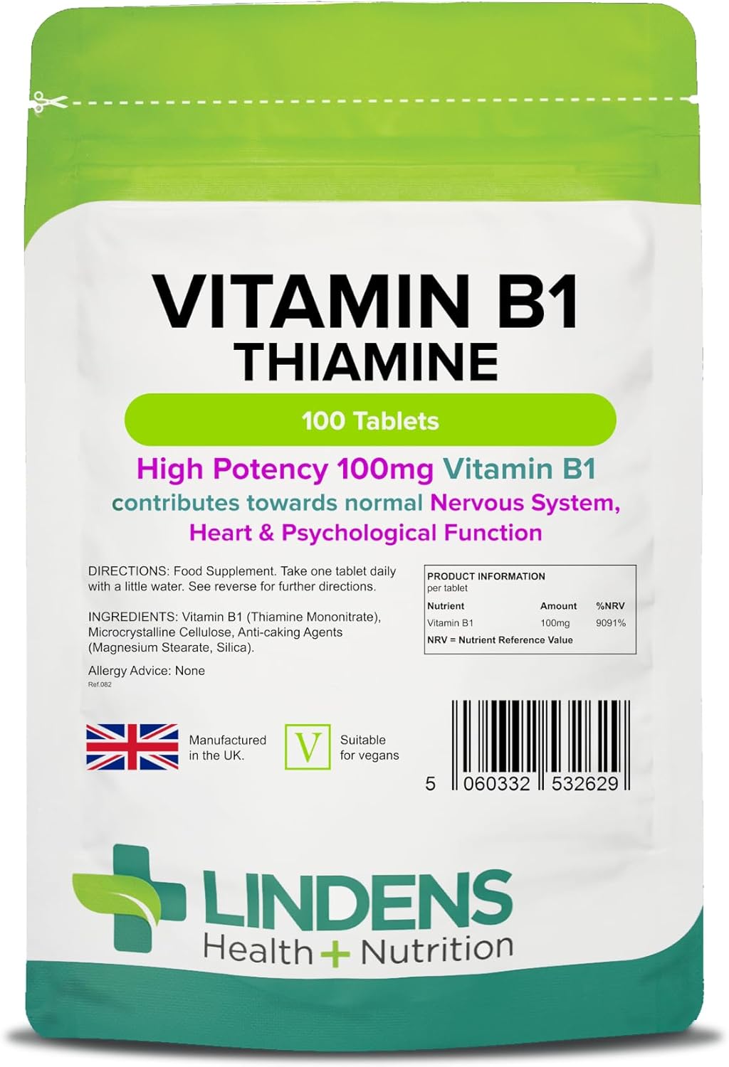 Lindens Vitamin B1 Thiamine Tablets – 100 Pack – for Heart, Immune and Psychological Function & Energy Release – UK Manufacturer, Letterbox Friendly