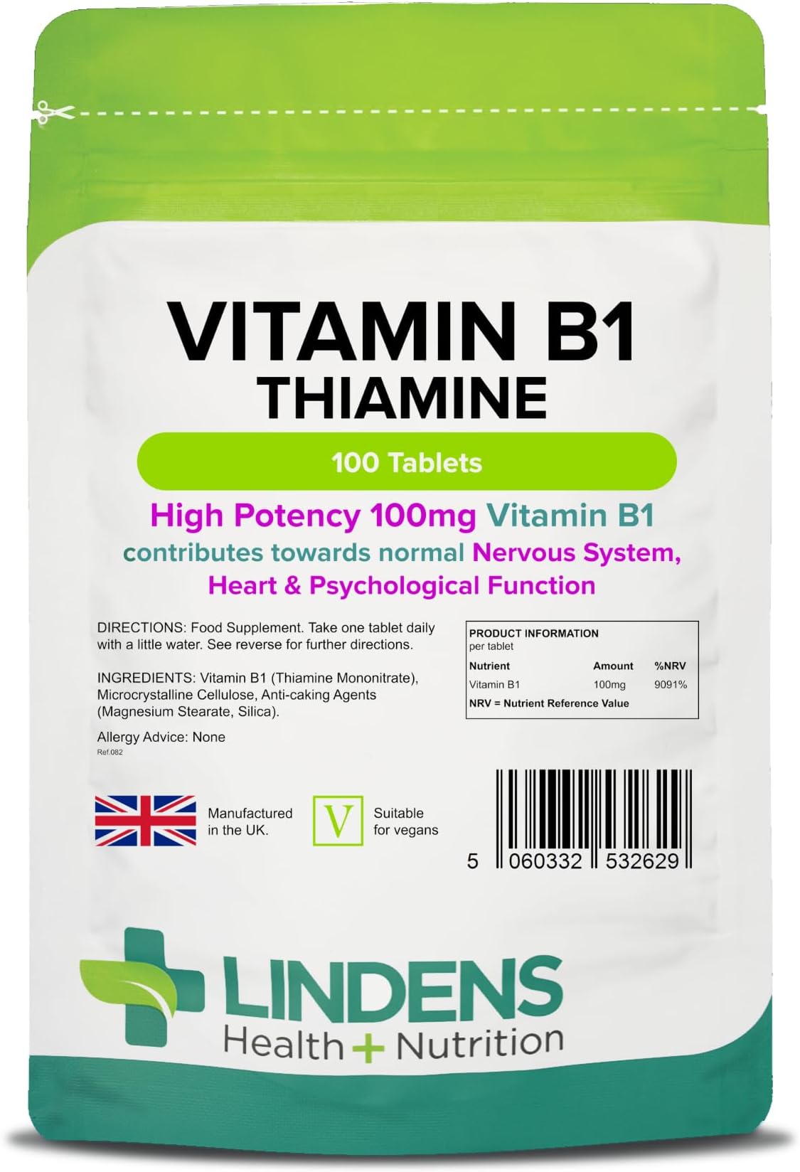 Lindens Vitamin B1 Thiamine Tablets - 100 Pack - for Heart, Immune and Psychological Function & Energy Release - UK Manufacturer, Letterbox Friendly