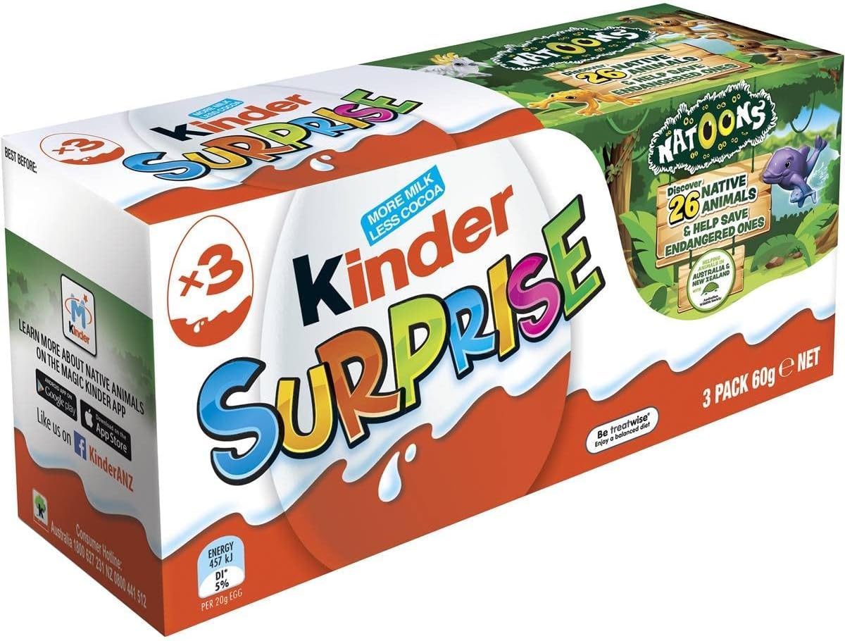 Kinders Surprise Chocolate 3-Pack, 60 Grams, Natoons Native Animals Collection (From UK)