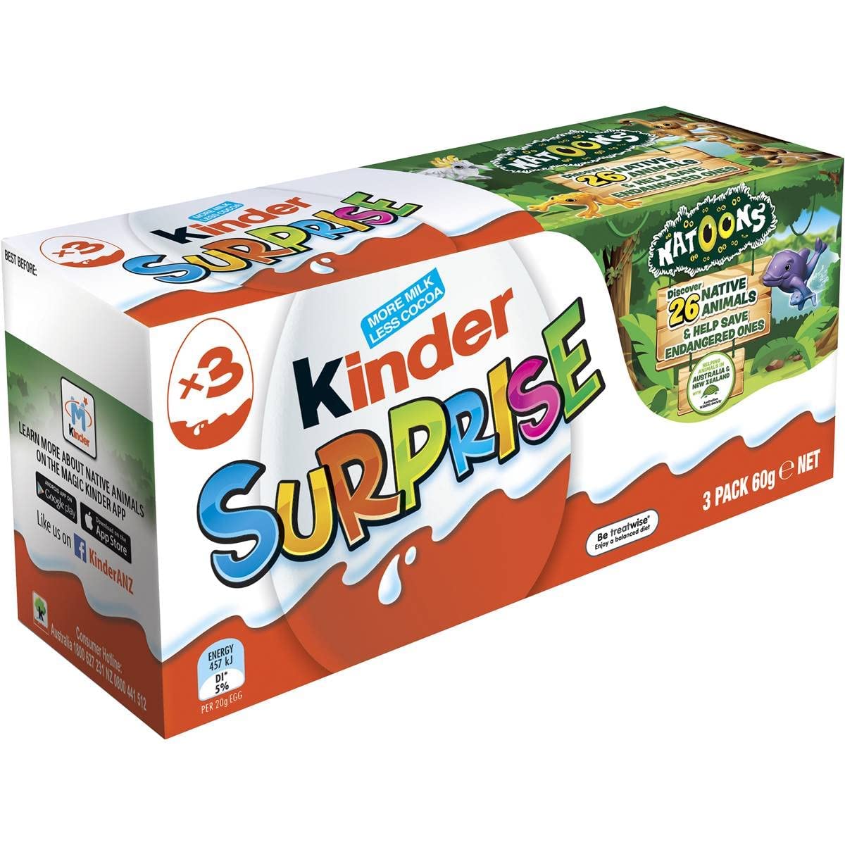 Kinders Surprise Chocolate 3-Pack, 60 Grams, Natoons Native Animals Collection (From UK)