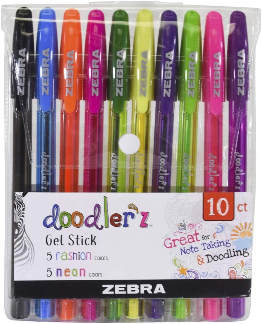 Amazon.com: Zebra Pen Doodlerz Gel Stick Pens 10-Pack, 1.0mm Bold Point ...