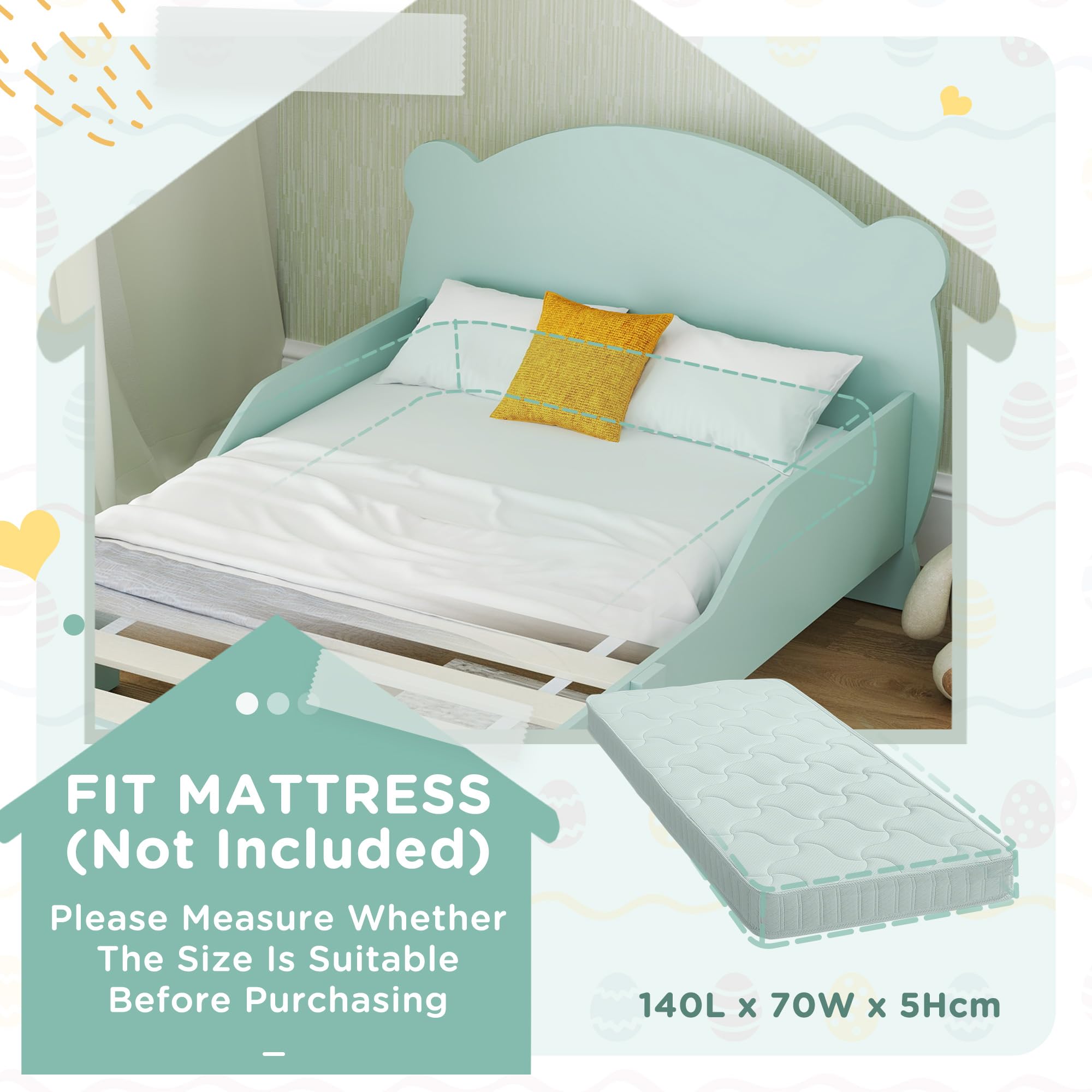 Lit Montessori pour Enfants 3-6 Ans 140x70 cm avec Côtés Anti-Chute et Sommier à Lattes Bois Vert