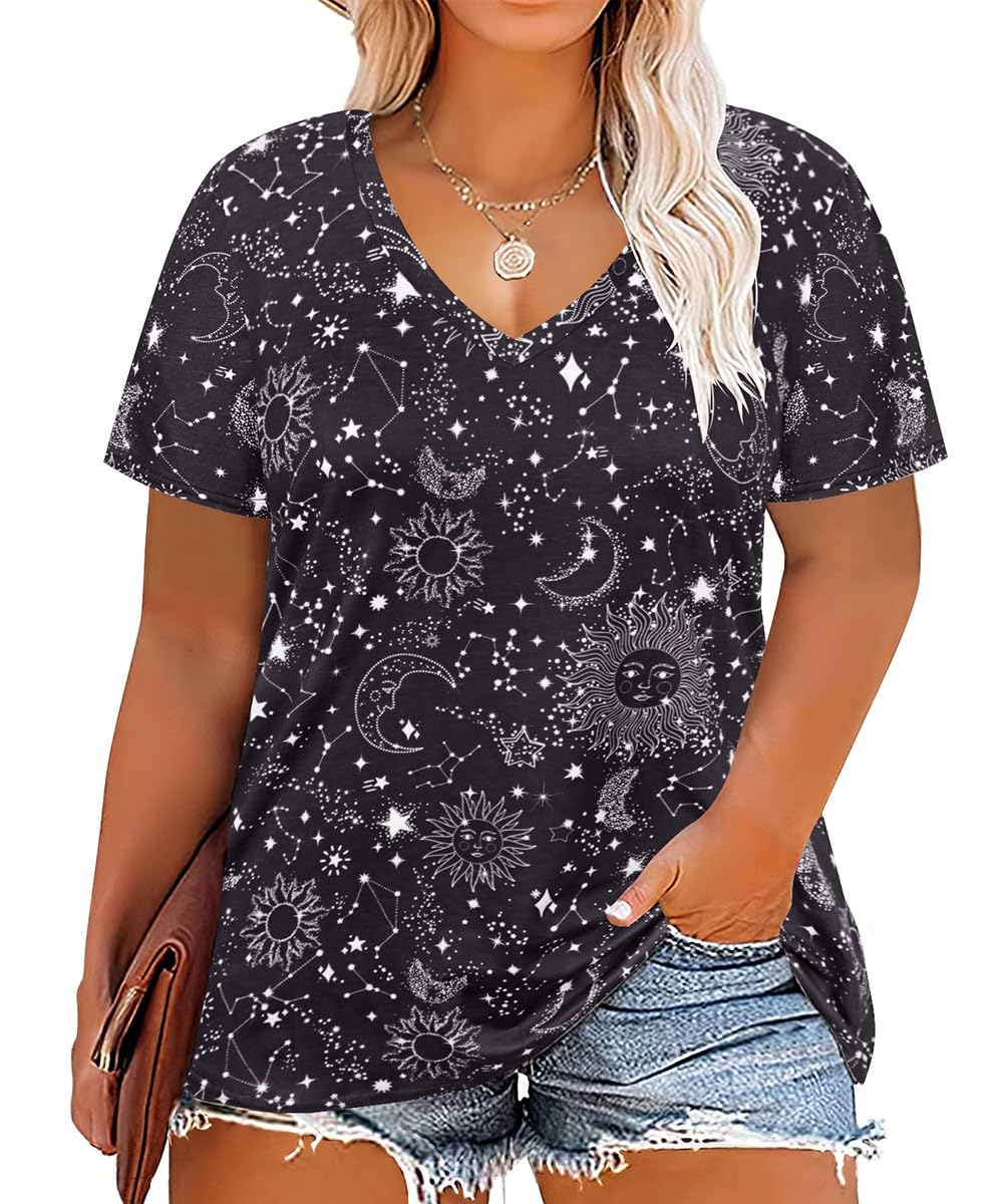 RITERA Women Plus Size Tops Tie Dye V Neck Shirt Floral Camo Summer Short Sleeve Tunic Oversized Ladies Blouse XL-5XL