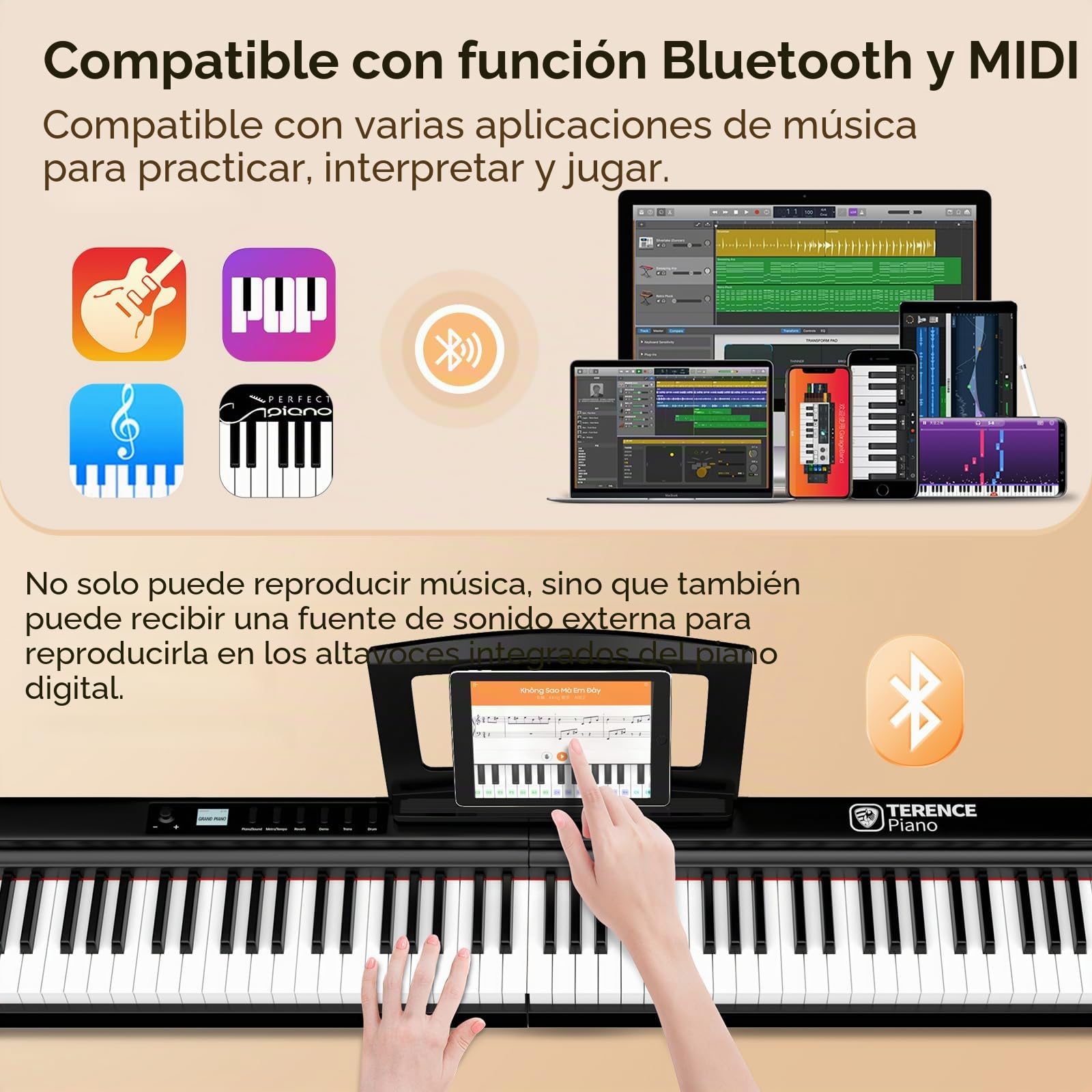 TERENCE Piano Plegable de 88 teclas con batería de 2000mAh 2x25W Altavoces Pedal Piano Bluetooth interfaz MIDI soporte para partituras bolsa adhesiva cable de audio pedal piano