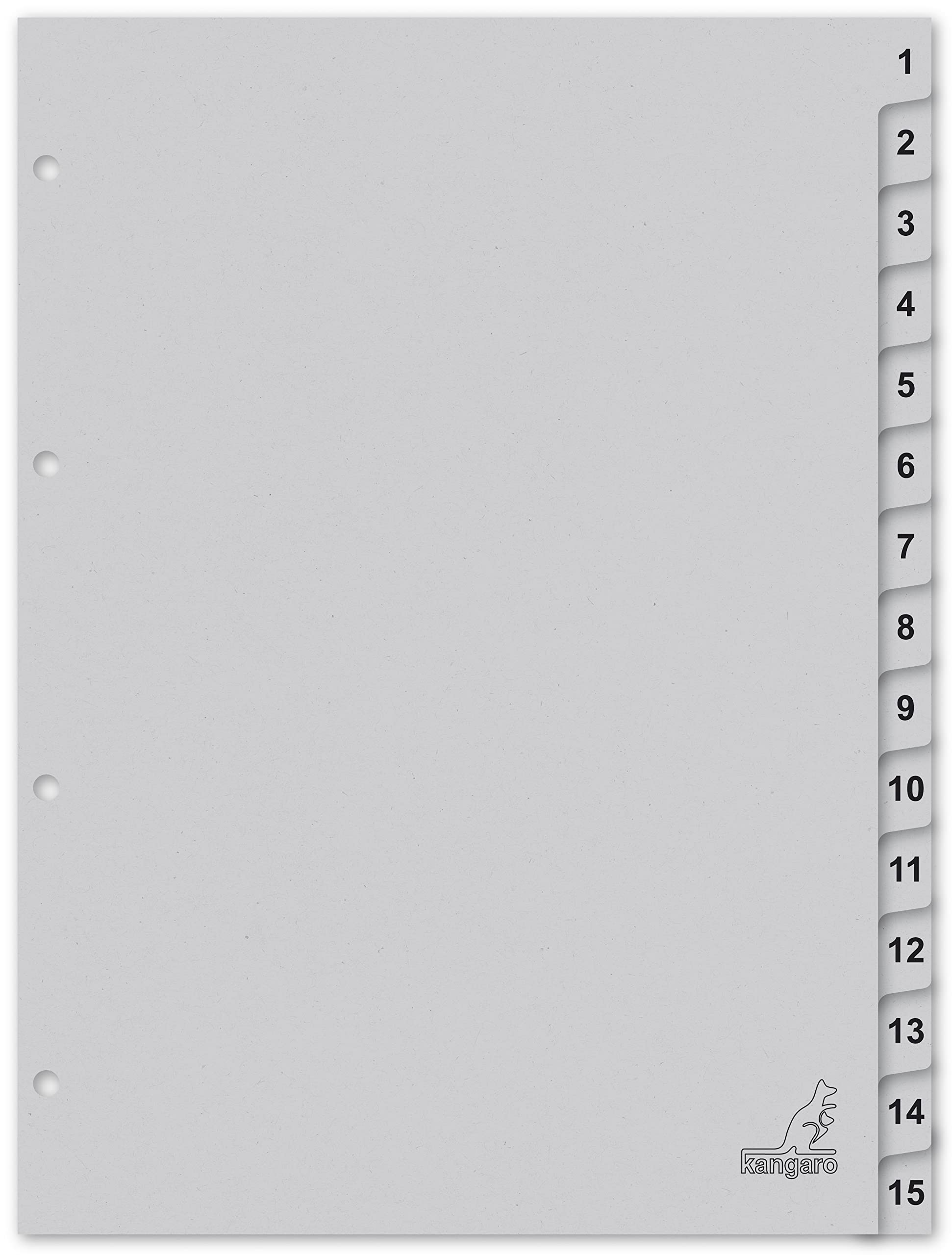 Kangaro Cardboard Index DIN A4 Numbers 1-15. 180 g/m² Recycled Grey FSC Cardboard, 15 Pieces