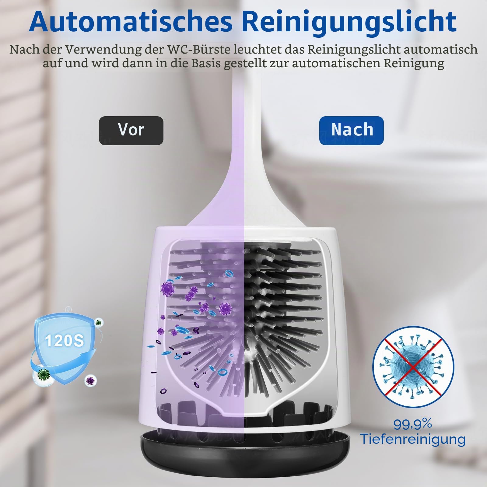 Elektrische WC-Bürste - Silikon-Toilettenbürste Mit Belüftetem Halter-Set, Bodenstehend, Wandmontage Ohne Bohren, Wiederaufladbar