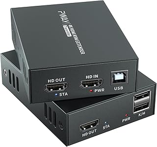 PWAY 4K HDMI KVM USB Extender Transmit 4K@60Hz Video Over Cat5e/6 Ethernet Cable 60m (196ft) Zero Latency Support Mouse Keyboard Control Remote Signal NVR