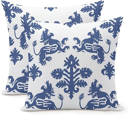 Zyadsinoudor Blue Regalia Lion Pillow Cover Set of 2 Oriental Chinese Cushion Cases 22x22in Decorative Pillow Home Cotton Linen Elegant Accent Zyadsinoudor Blue Regalia Lion Pillow Cover Set of 2 Oriental Chinese Cushion Cases 22x22in Decorative Pillow Home Cotton Linen Elegant Accent