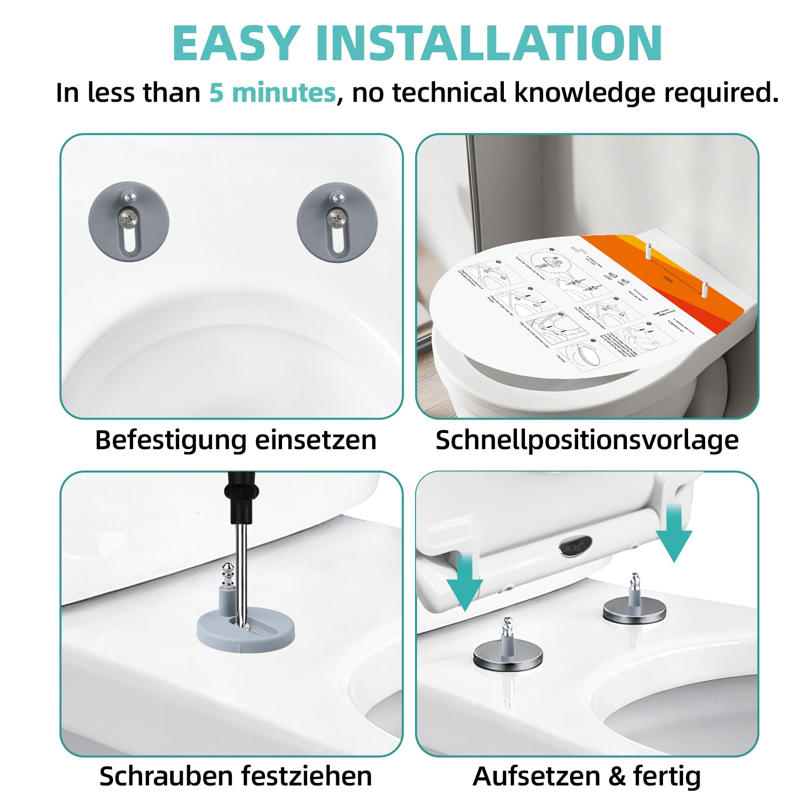 Toilettendeckel mit Absenkautomatik,Urea-Duroplast WC Sitz Quick-Release Funktion zur Einfachen Reinigung – Einfache Montage,bis 250 kg, aus Antibakteriellem Duroplast Klodeckel Urea-Duroplast