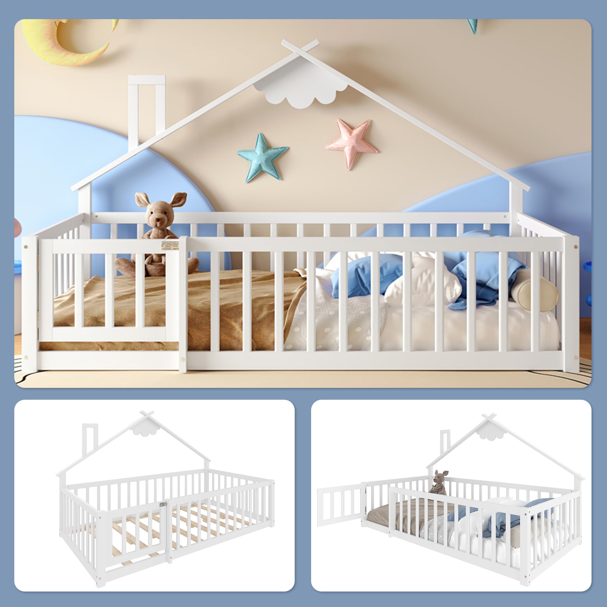 Cama de suelo de 90 x 190 cm con protección anticaída y puerta con cerradura, estructura de cama infantil, cama de madera de pino con somier, cama de madera, sin colchón