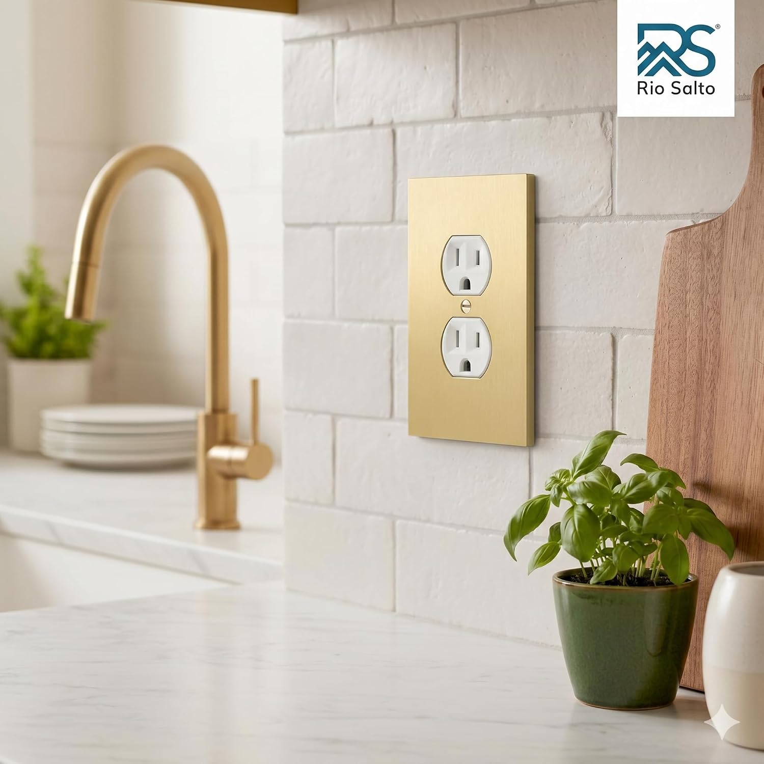 Rio Salto Outlet Covers Duplex Brushed Brass Gold Light Switch Cover Plate Electrical Outlet Cover Receptacle Wall Plate 1 Gang Heavy Metal Decorative — Forge Collection, 5.00" X 3.13"