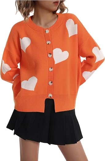 Womens Oversized Knit Cardigan - Cute Flower Pattern Loose Long Sleeve Round Neck Sweater for Autumn Winter