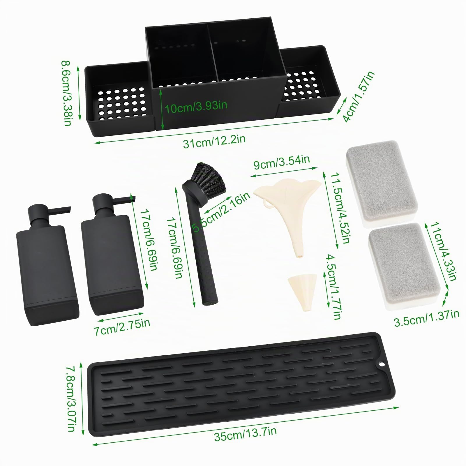 Dosatori per Sapone Liquido, Set di Dispenser Sapone Cucina, con Spugna, Spazzola e Tappetino di Drenaggio, Porta-Spugna per Lavello da Cucina, Organizer Lavello Cucina, Nero
