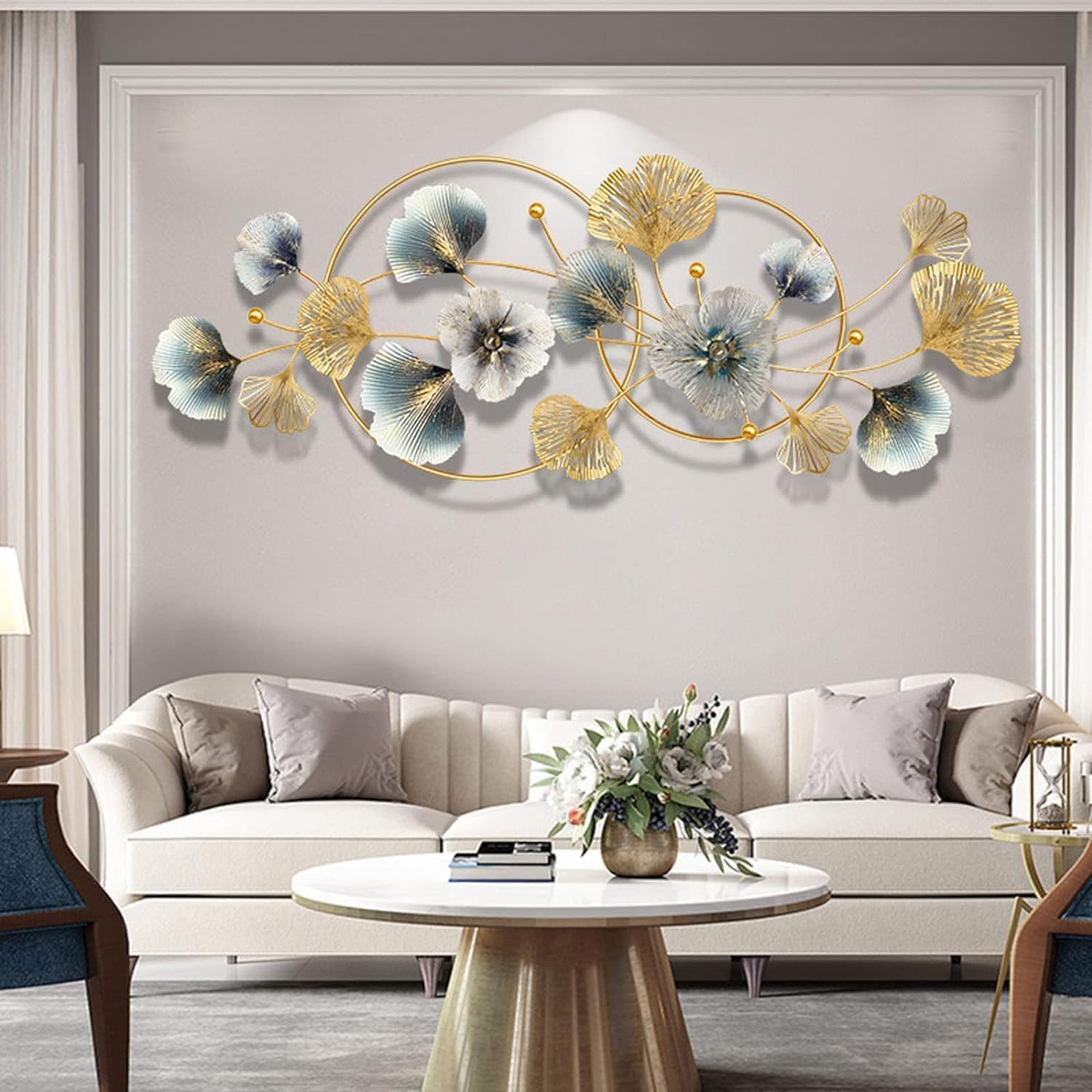 Genérico Decoración de pared de metal, arte de pared de metal para sala de estar, hojas azules doradas hechas a mano, escultura de dimensional 3D, decoración de para el hogar, 48 pulgadas