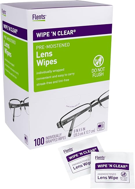 Flents Lens Wipes, Wipe 'N Clear, 100 Count, Pre-Moistened, Streak-Free, Safe for Glasses, Sunglasses, Anti-Fog, Gentle Cleaning, Clear Vision, Individually Wrapped for Travel & Convenience