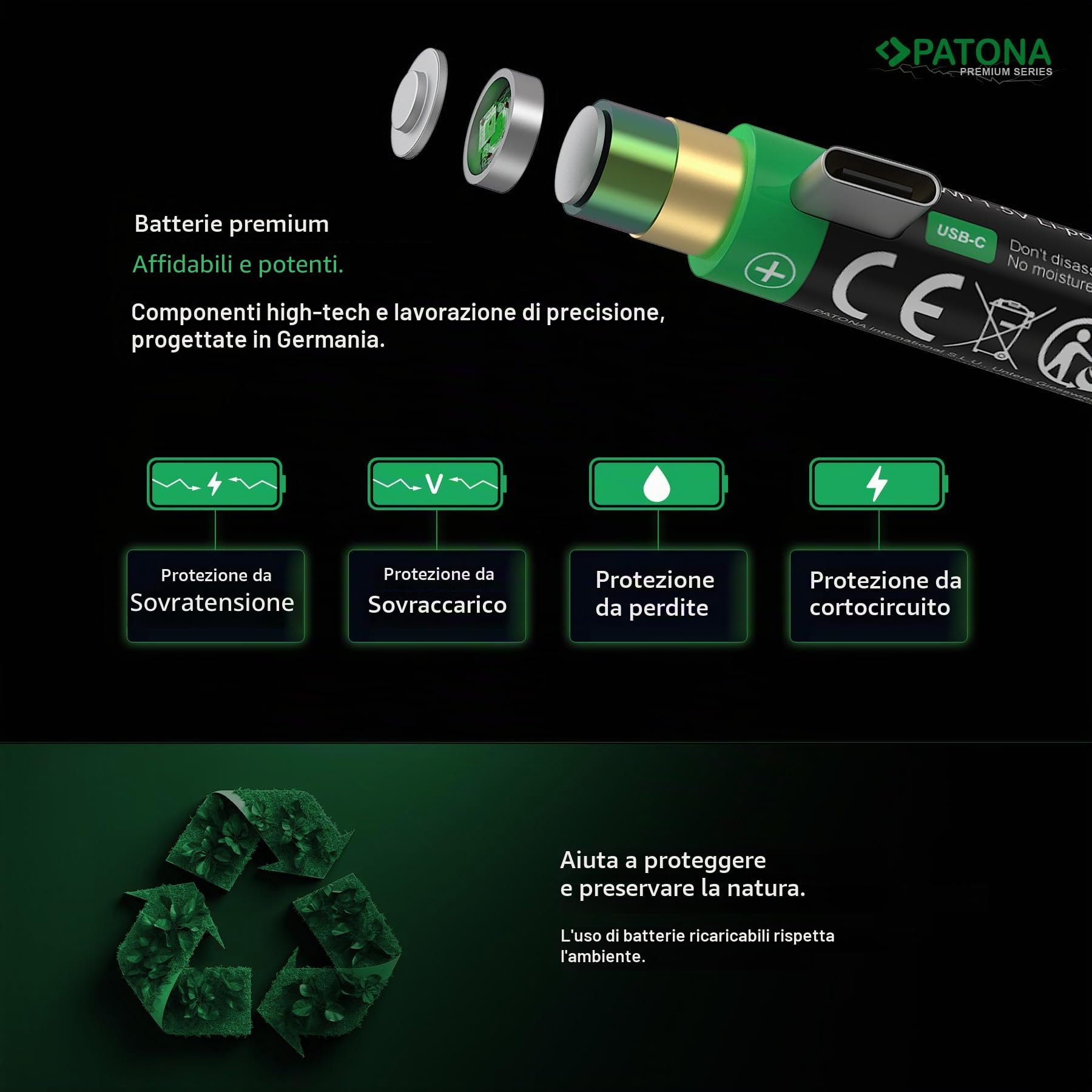 PATONA 4x AA Mignon batterie ricaricabili USB-C, 1,5V / 3000 mWh (2000 mAh) – per controller, giocattoli, telecomandi, flash e mouse – cavo USB-C 1-a-2 incluso, niente caricatore esterno