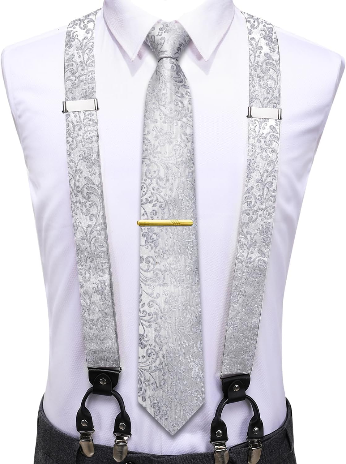 Hi-Tie Men's Suspenders and Tie Set Silk Adjustable Elastic Y Braces with Strong 6 Clips Pocket Square Set