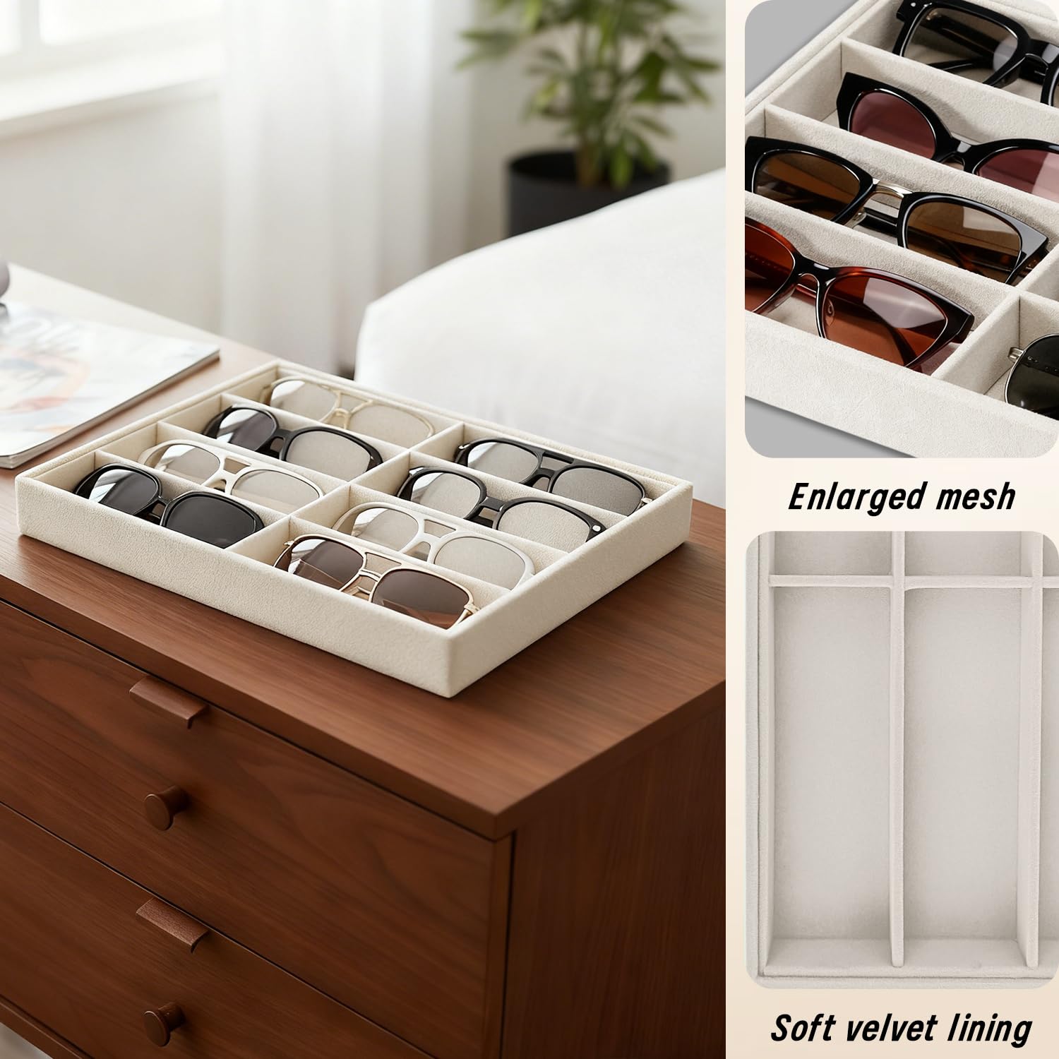 Organizador de Gafas de Sol Bandeja de Terciopelo - Caja de Almacenamiento para 8 Pares de Gafas, Ideal para cajones o para exhibición - 33,8 x 24,4 x 3,8 cm