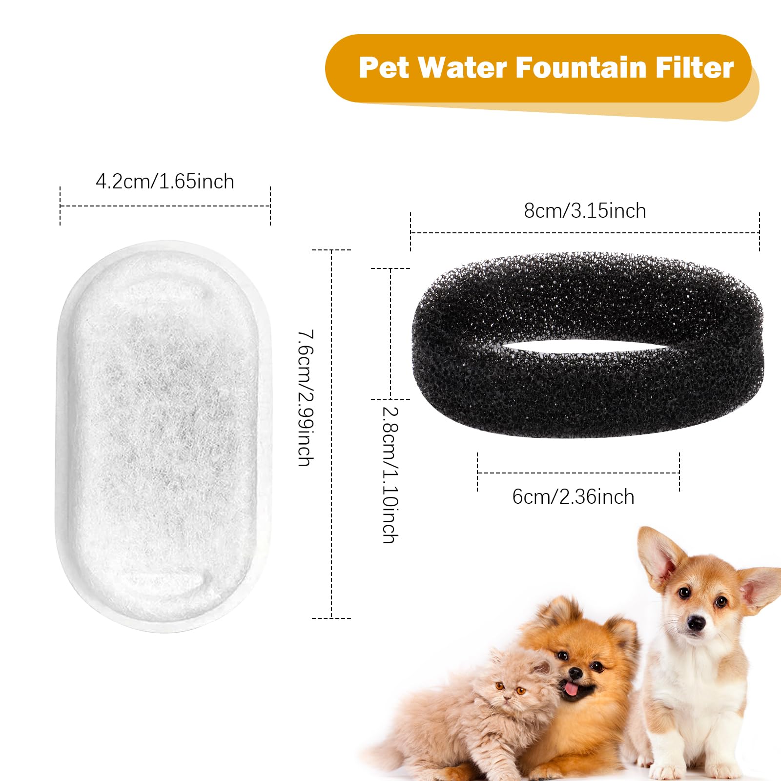 MXTIMWAN 16 Piezas Filtros de Fuente para Gatos, 8 Filtros de Carbón y 8 Esponjas de Espuma para 3,2 L Fuentes de Acero Inoxidable, Filtros Fuente con Carbón Activo