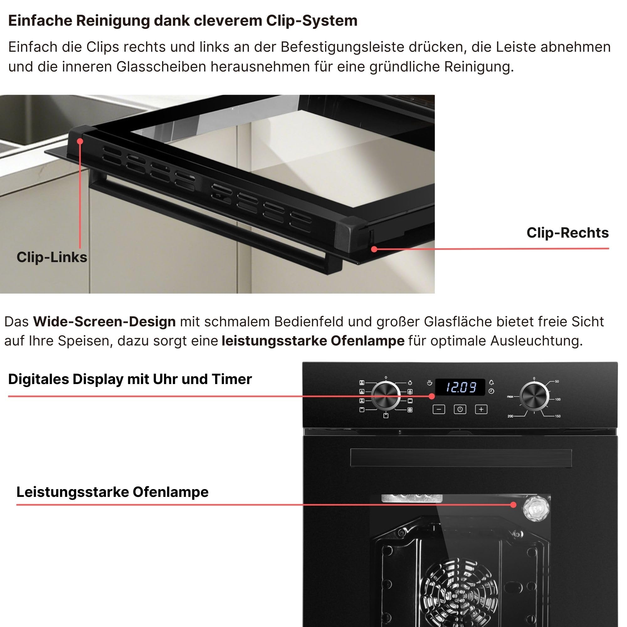 Einbaubackofen 45 cm - Backofen 45 cm breit, 50 Liter, Aqua Clean, Circle Fan Heater, Wide-Screen-Window, versenkbare Drehknebel