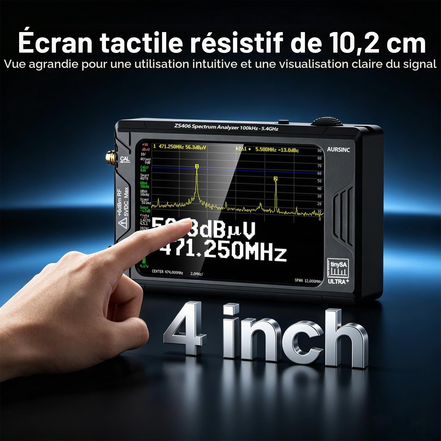 AURSINC Analyseur de Spectre TinySA Ultra+ zs406 mis à Jour, 4,0'' HW V0.4.6 Analyseur de Fréquence 100KHz-5,4GHz avec Carte 32 Go|Générateur de Signaux 2 en 1 100kHz à 900MHz Entrée UHF MF/HF/VHF