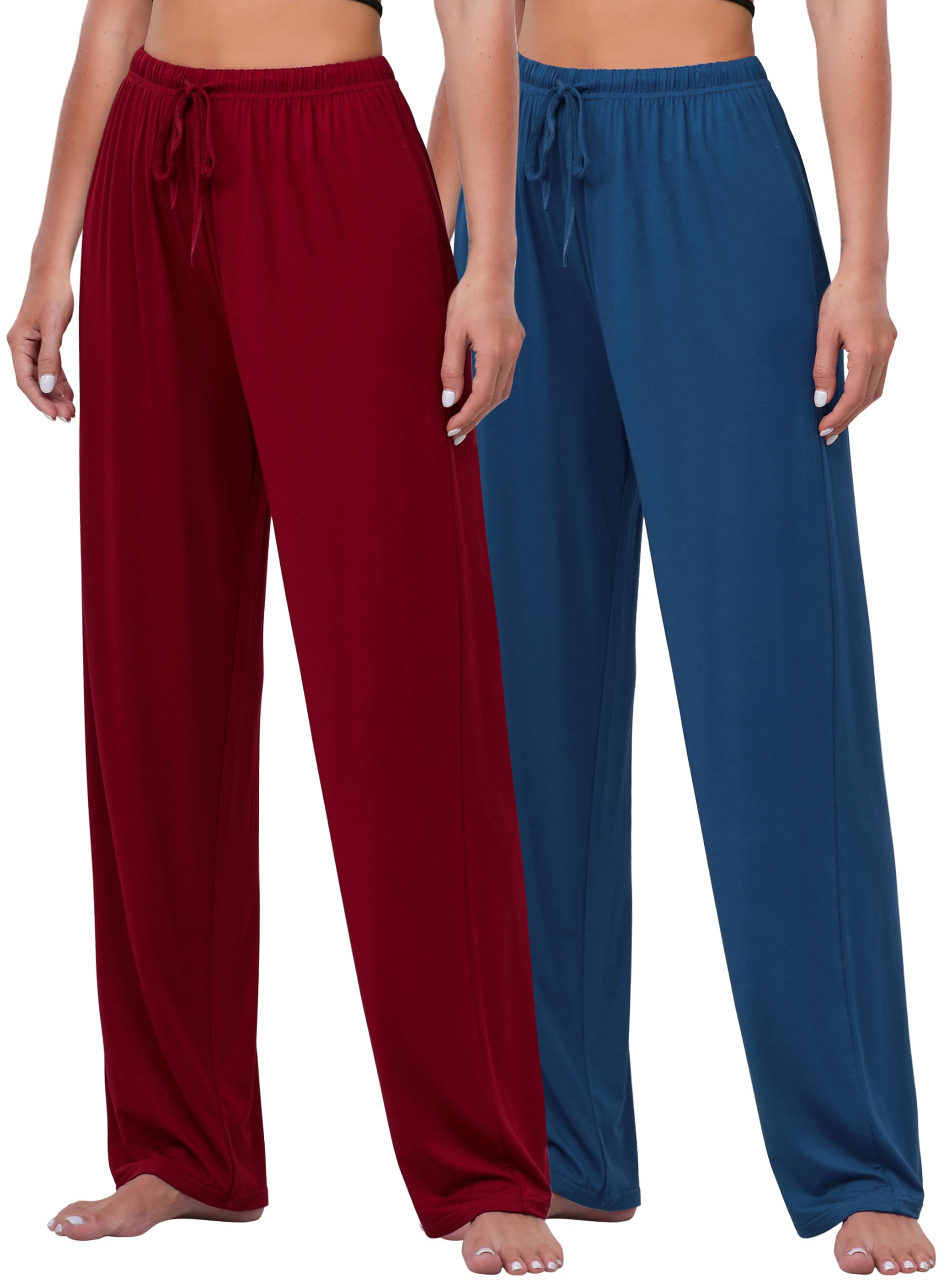 FEQO 2 Pack Women's Lounge Pants Wide Leg Yoga Pants Casual Pajama Bottoms, Navy, Dark Red, Medium