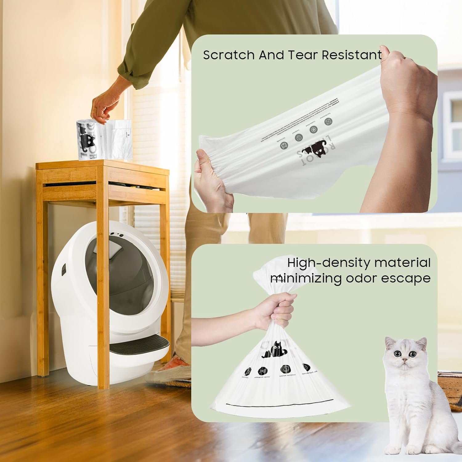 90 Pack Cat Litter Box Robot 5/4/3 Waste Bags, Tear-free, Automatic Litter Box Liners Bags, 9-11 Gallon Capacity - White