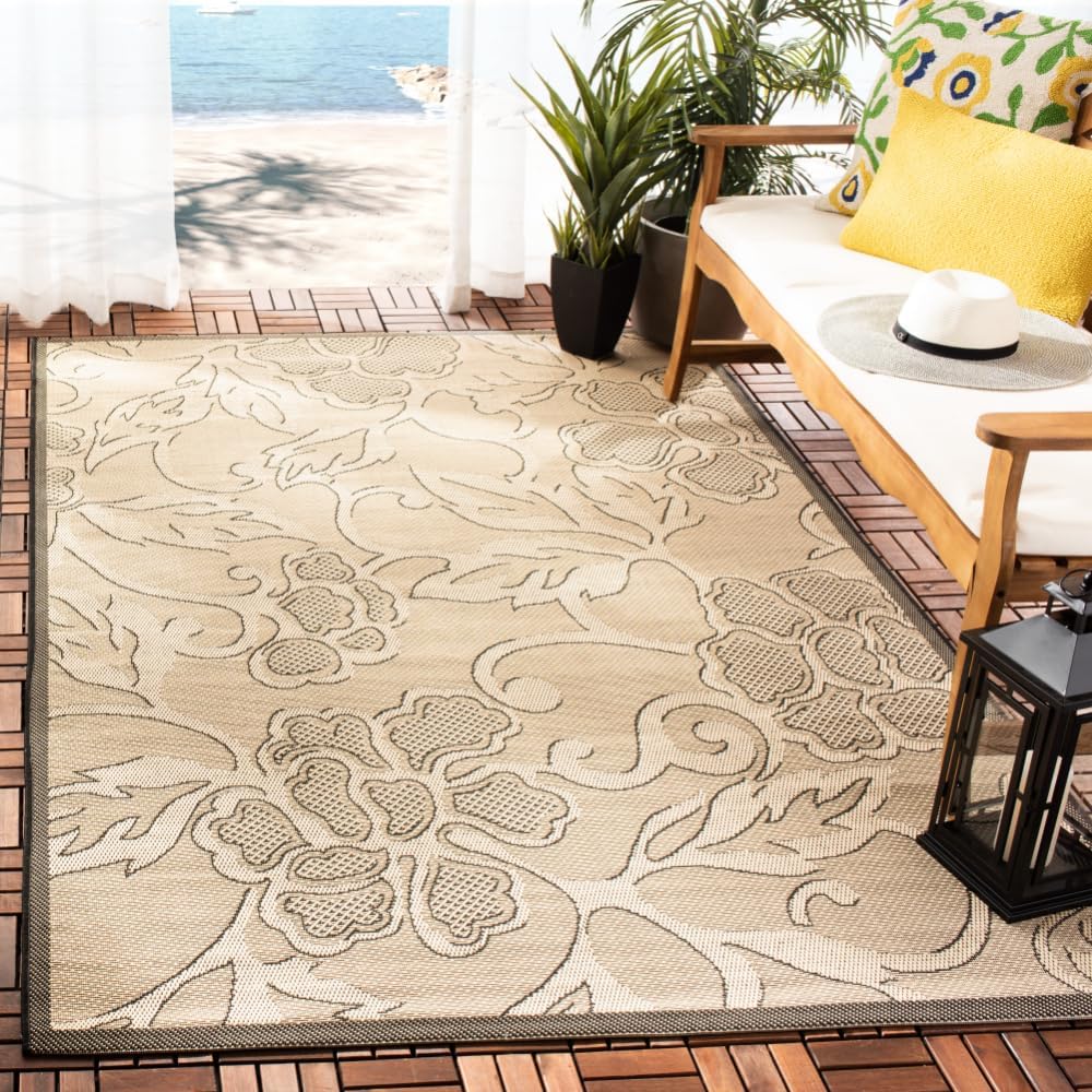SAFAVIEH Washable Rug Outdoor Courtyard Collection - 4' x 5'7", Sand & Black, Non-Shedding & Easy Cleaning, Ideal for Patio, Backyard, Mudroom (CY2726-3901)