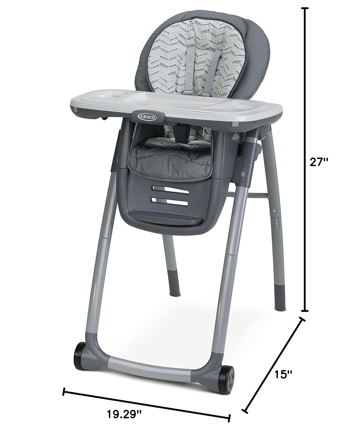 Image showing the dimensions of the Graco high chair: 15 inches deep, 19.29 inches wide, and 27 inches high.