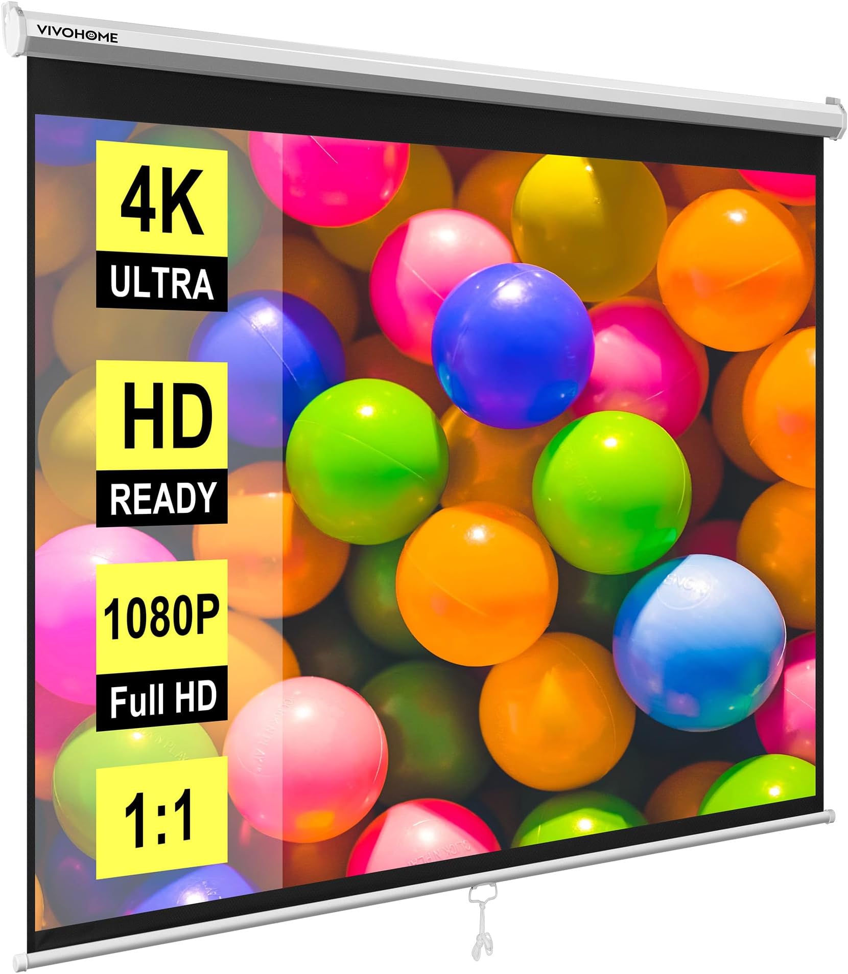 VIVOHOME Projector Screen Pull Down 1:1 120" Retractable Projection Screen HD 4K Manual Pull Movie Screen for Home Theater Cinema Office (84x84 Inch White)