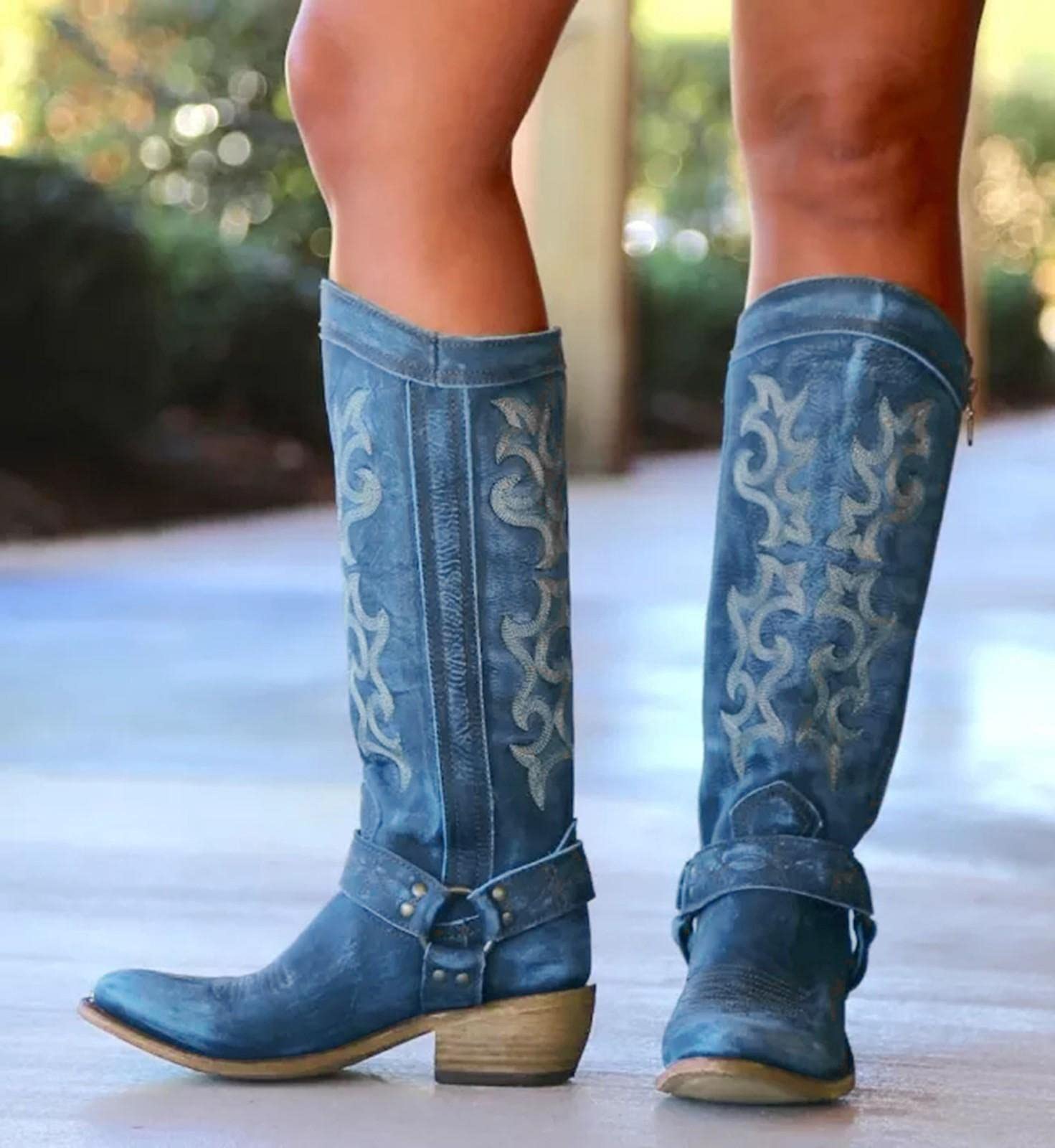 Damen Retro Cowboystiefel Westernstiefel Stickereien Niedrigem Absatz Schlupfstiefel mit Reißverschluss Stiefel Runde Zehen Schuhe Biker Boots rutschfeste Bequeme Winterstiefel