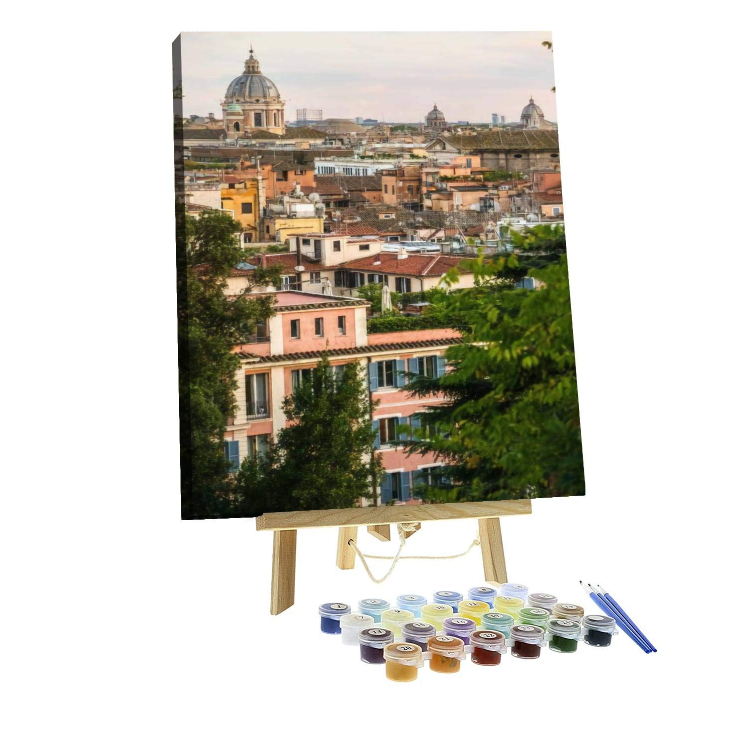 Paint by Numbers DIY A View of The Historic Center of Rome and The Campo Marzio District Canvas Painting Set with Acrylic Pigment Paintbrush Wooden Easel for Adults and Children Artwork 16" x 20"