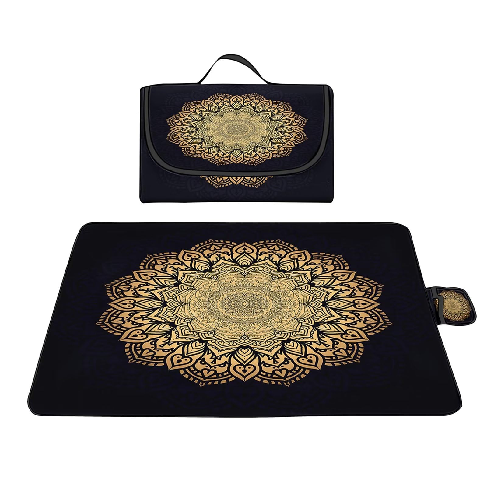 Outdoor Picknickdecke 200x300cm Picknickdecke Wasserdicht Weich Tragbar mit Tragegriff für Camping Picknick Wandern Reisen Campingdecke Schwarz-Gelbes Mandala