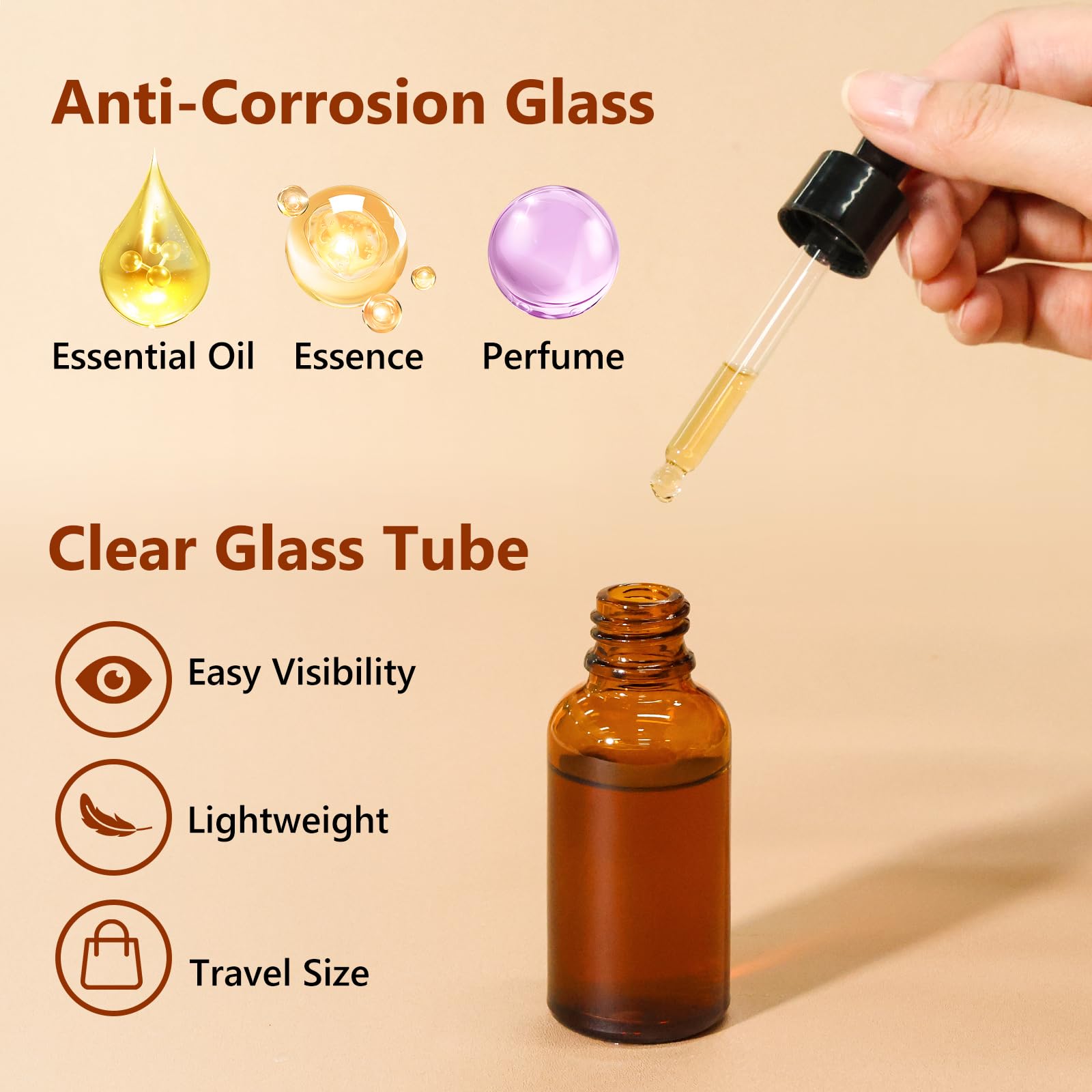 KEYWING Paquete de 60 botellas cuentagotas de 28.3 g para aceites esenciales con cuentagotas de vidrio largo, botellas de vidrio ámbar de 30 ml para líquidos